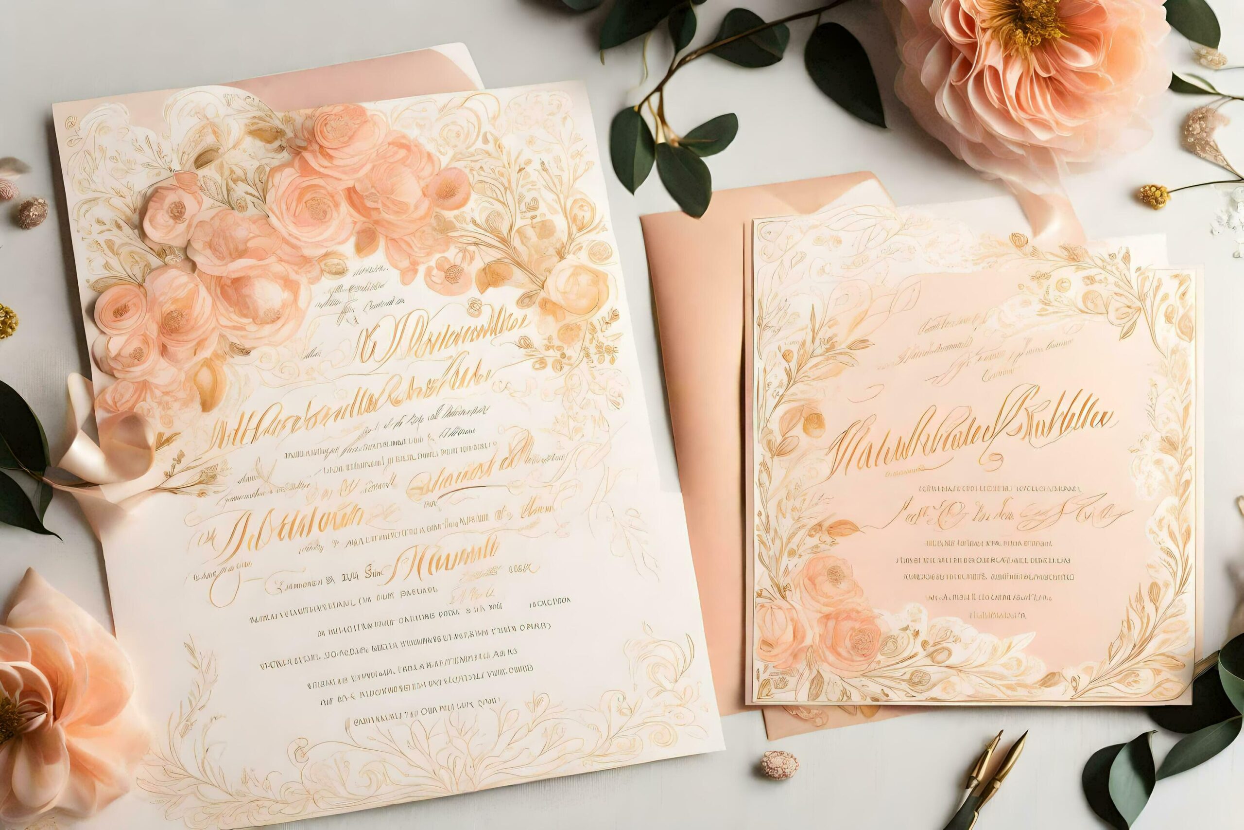 Ai-generated-a-wedding-invitation-with-peach-flowers-and-gold-foil-free-photo