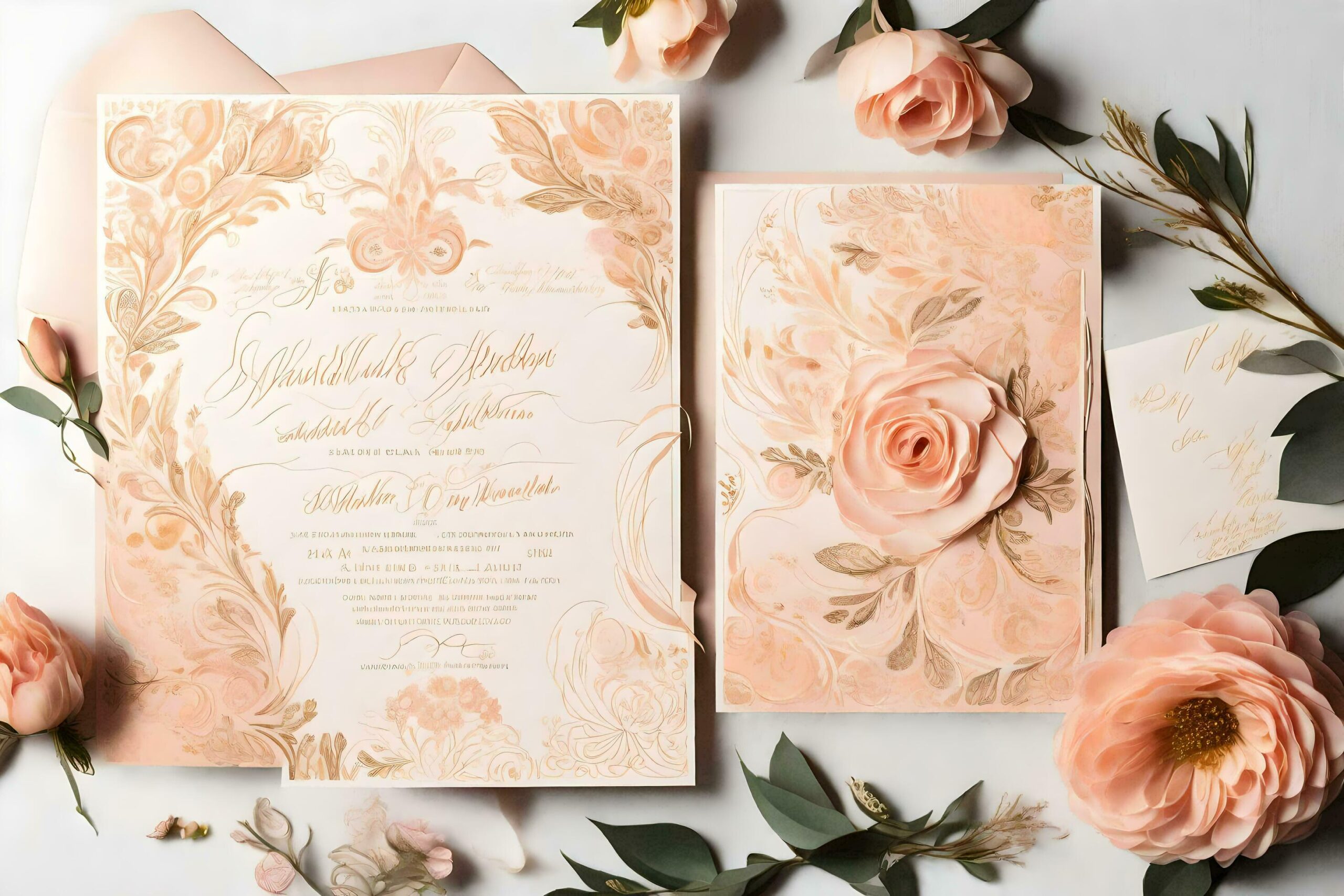 Ai-generated-a-wedding-invitation-with-pink-roses-and-leaves-free-photo