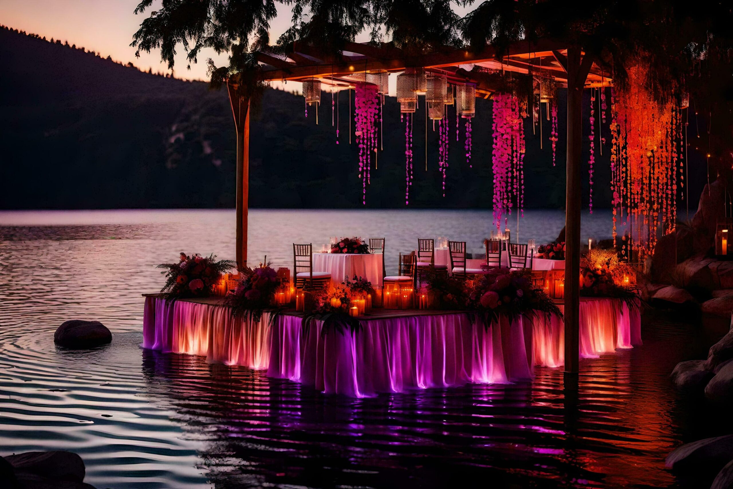 Ai-generated-a-wedding-reception-set-up-on-the-water-at-night-free-photo