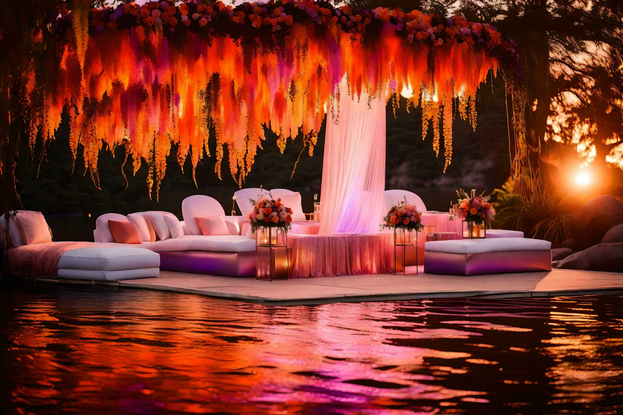 Ai-generated-a-wedding-reception-set-up-on-the-water-at-sunset-free-photo