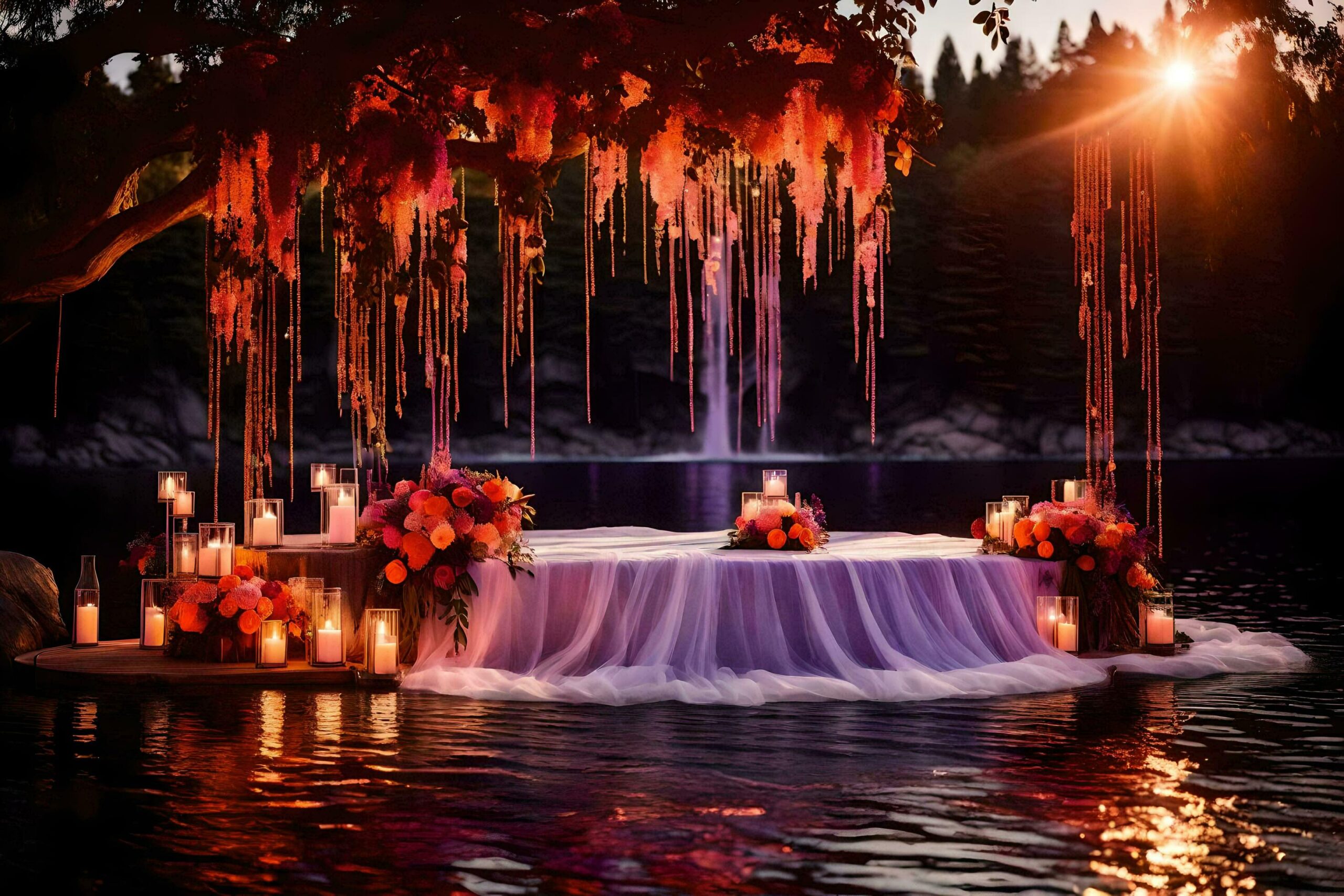 Ai-generated-a-wedding-table-in-the-middle-of-a-lake-with-candles-free-photo