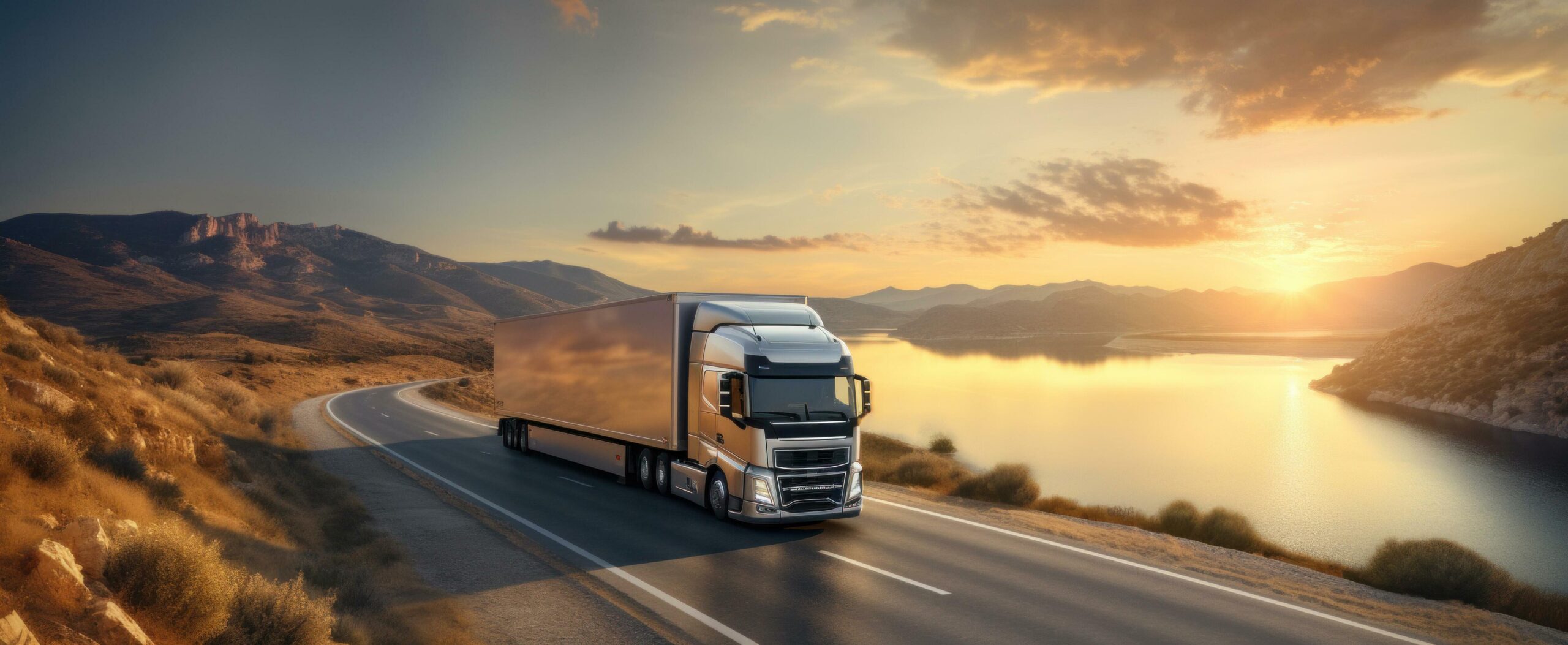 Ai-generated-a-white-semi-truck-is-traveling-on-a-road-that-has-a-sunset-on-it-free-photo