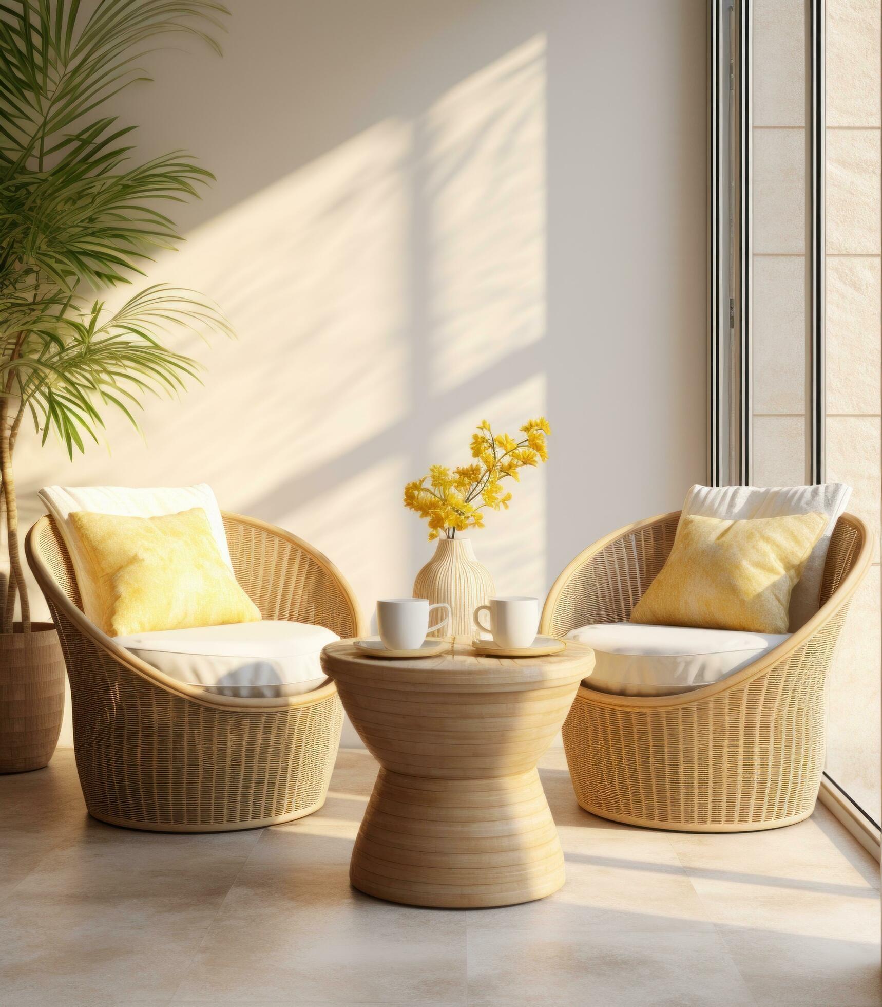 Ai-generated-a-white-sofa-and-two-pillows-on-a-wicker-ottoman-free-photo