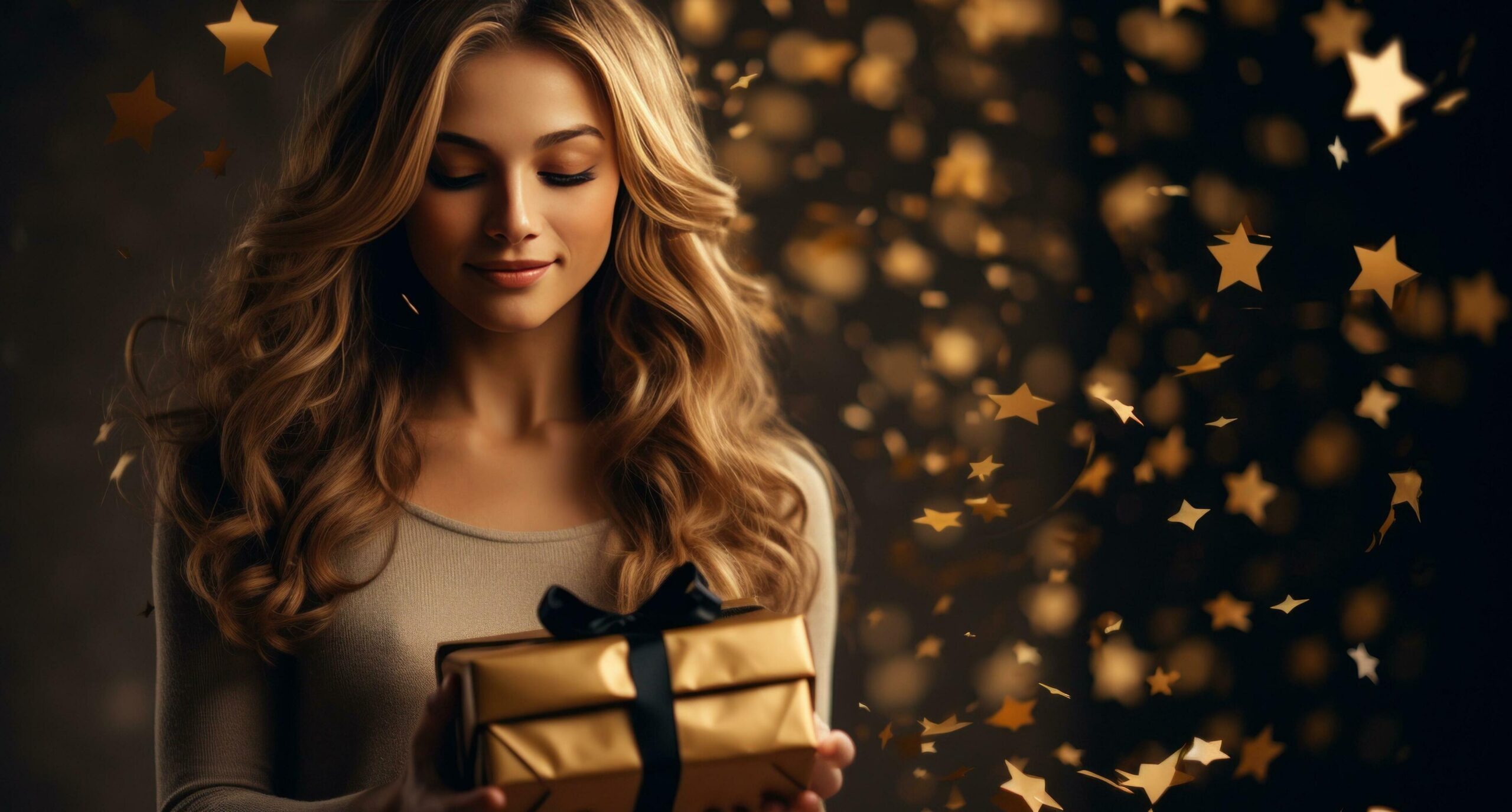 Ai-generated-a-woman-holding-a-gift-box-with-white-stars-with-confetti-for-an-elegant-free-photo