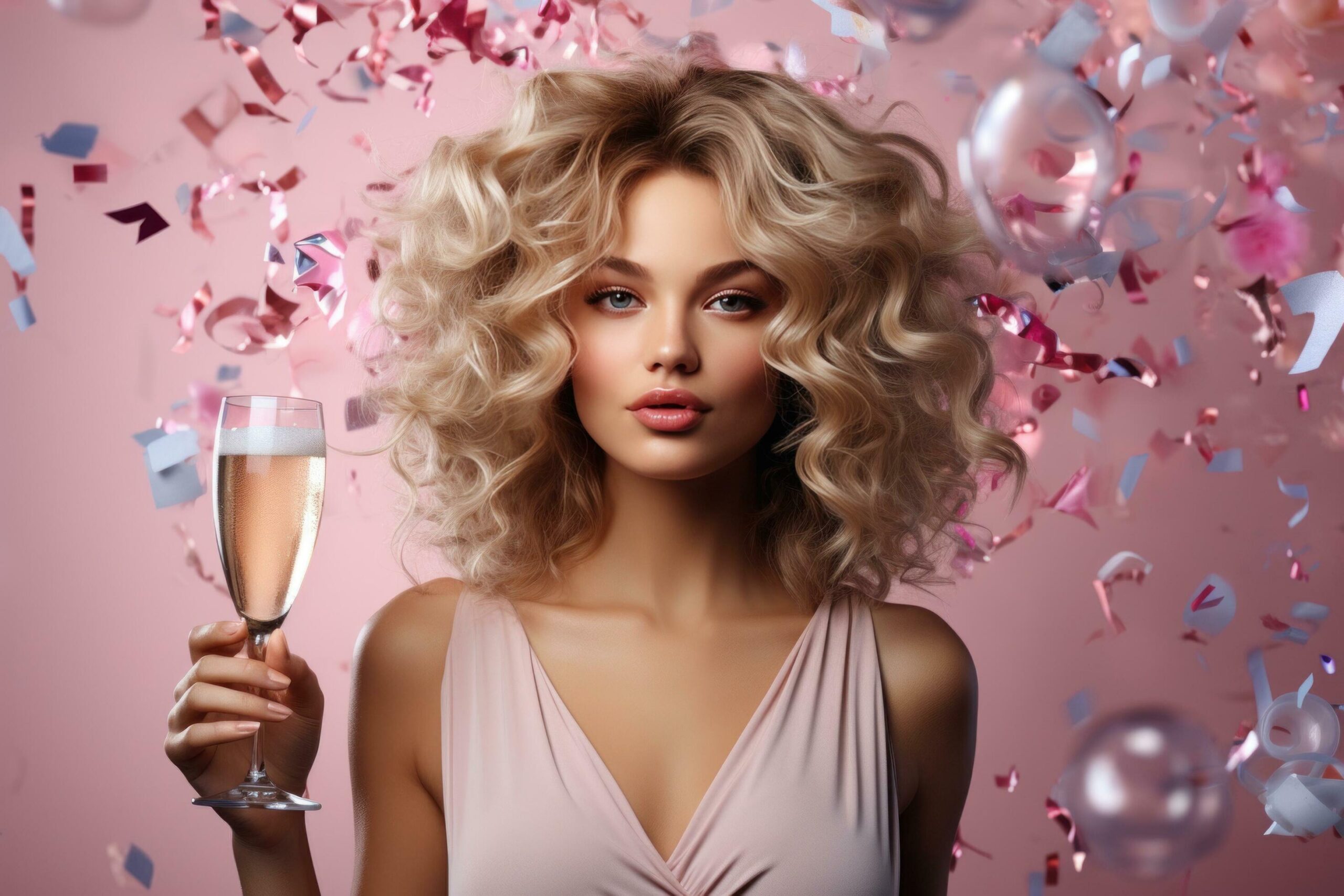 Ai-generated-a-woman-holding-a-glass-of-champagne-surrounded-by-confetti-free-photo