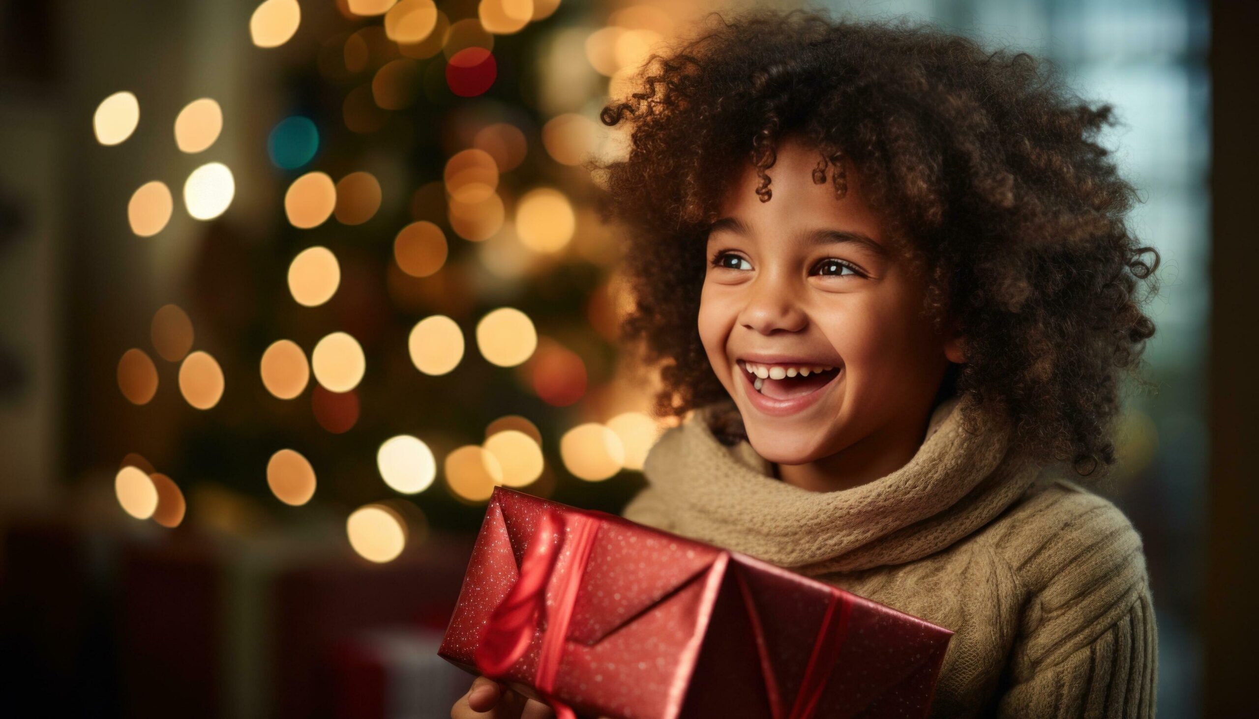 Ai-generated-a-woman-with-curly-hair-laughing-holding-a-gift-box-free-photo