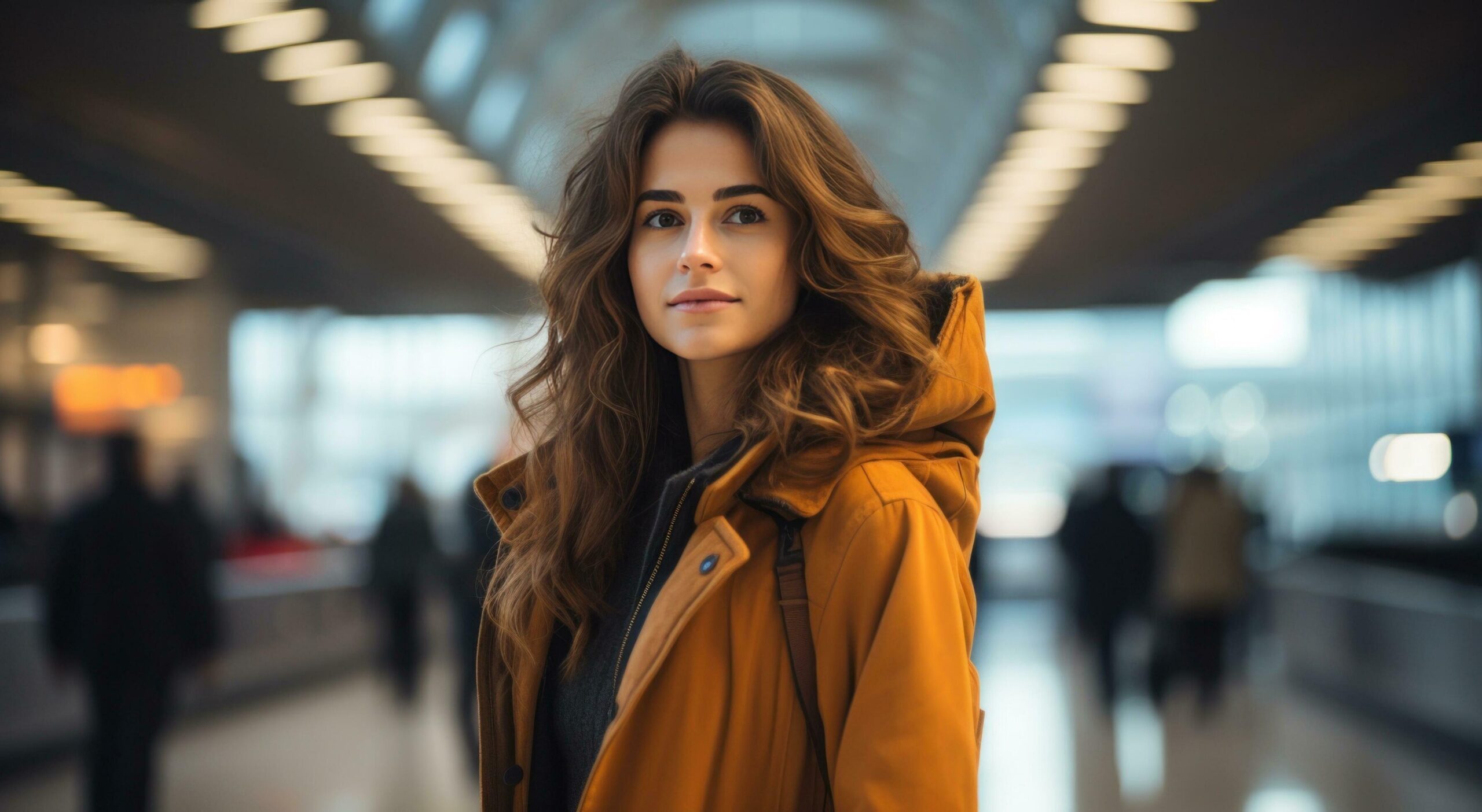 Ai-generated-an-attractive-young-woman-in-a-brown-coat-standing-in-an-airport-free-photo