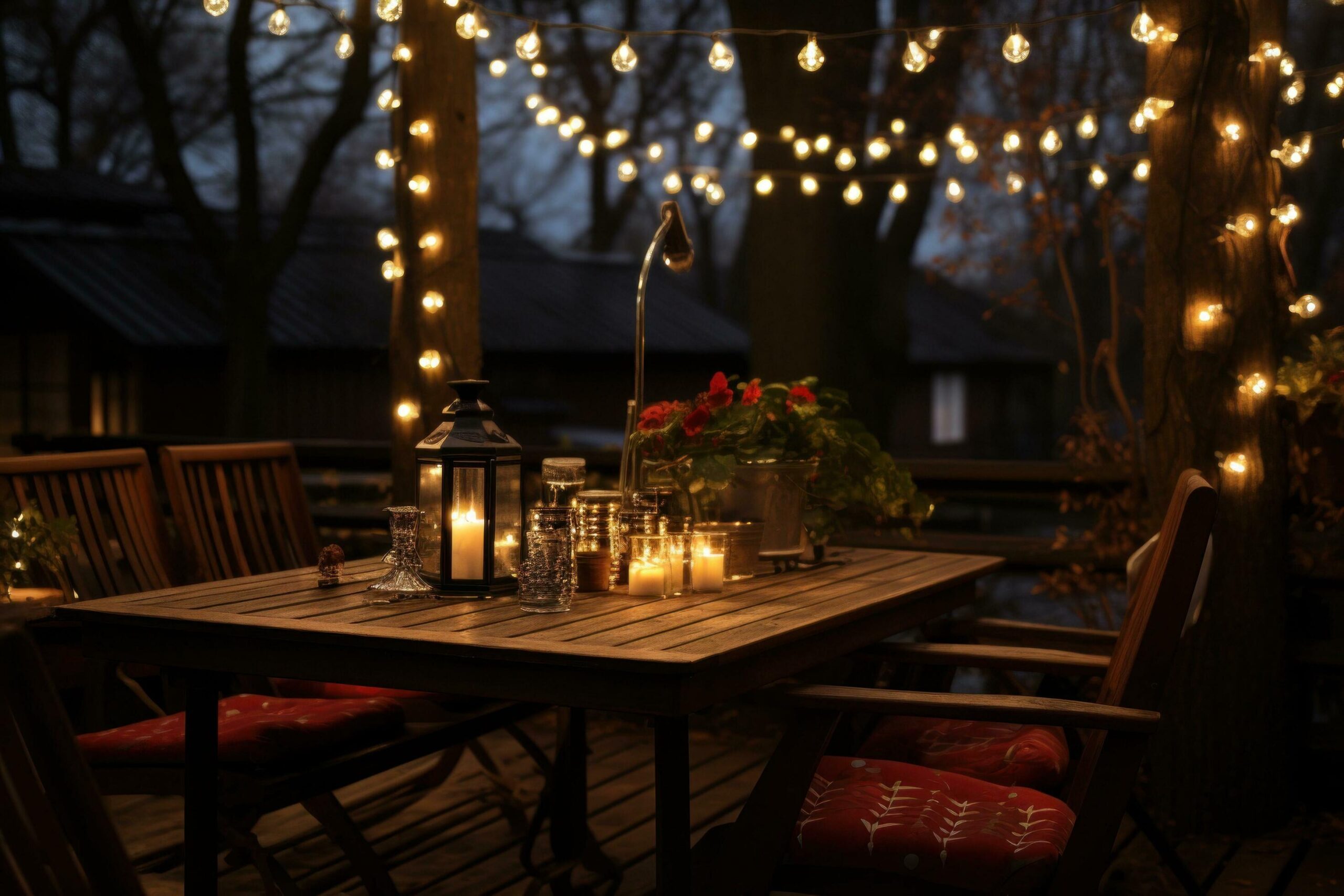 Ai-generated-an-evening-outdoors-with-string-lights-free-photo