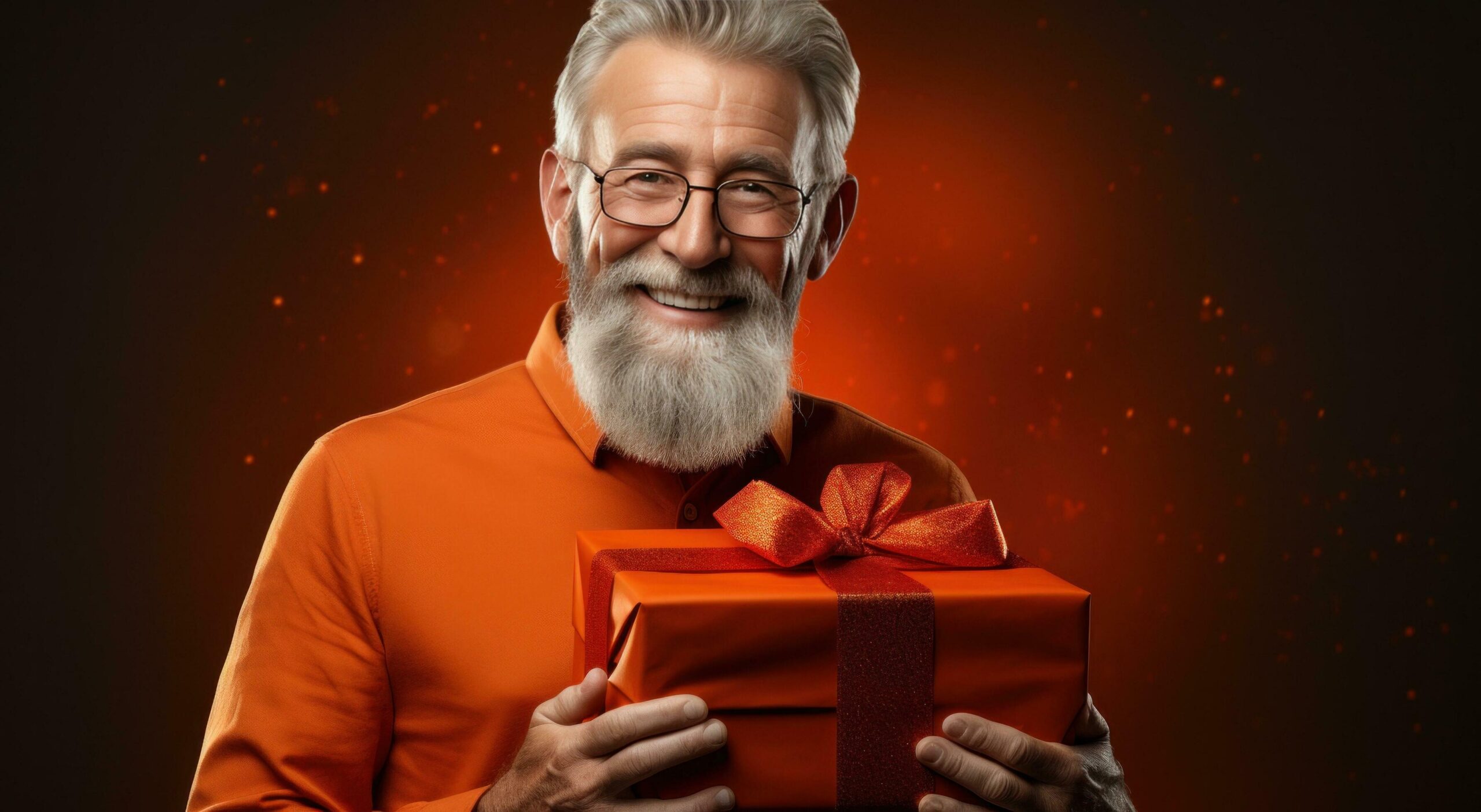 Ai-generated-an-older-man-holding-an-orange-gift-box-free-photo