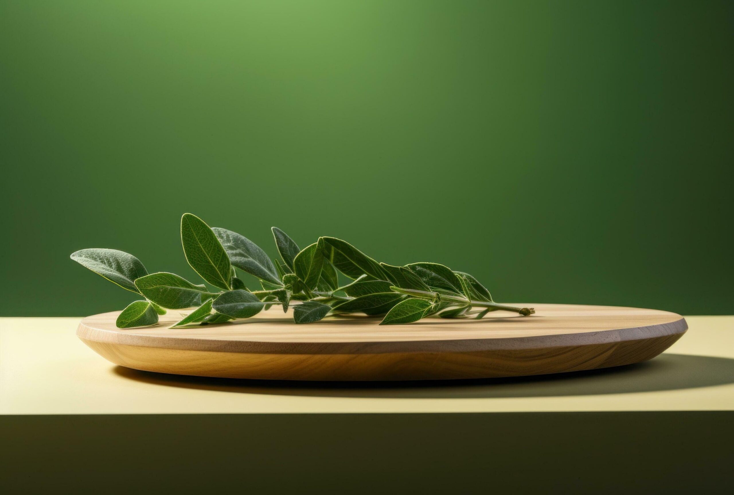 Ai-generated-an-olive-wood-carving-platter-sitting-on-green-leaves-backdrop-free-photo