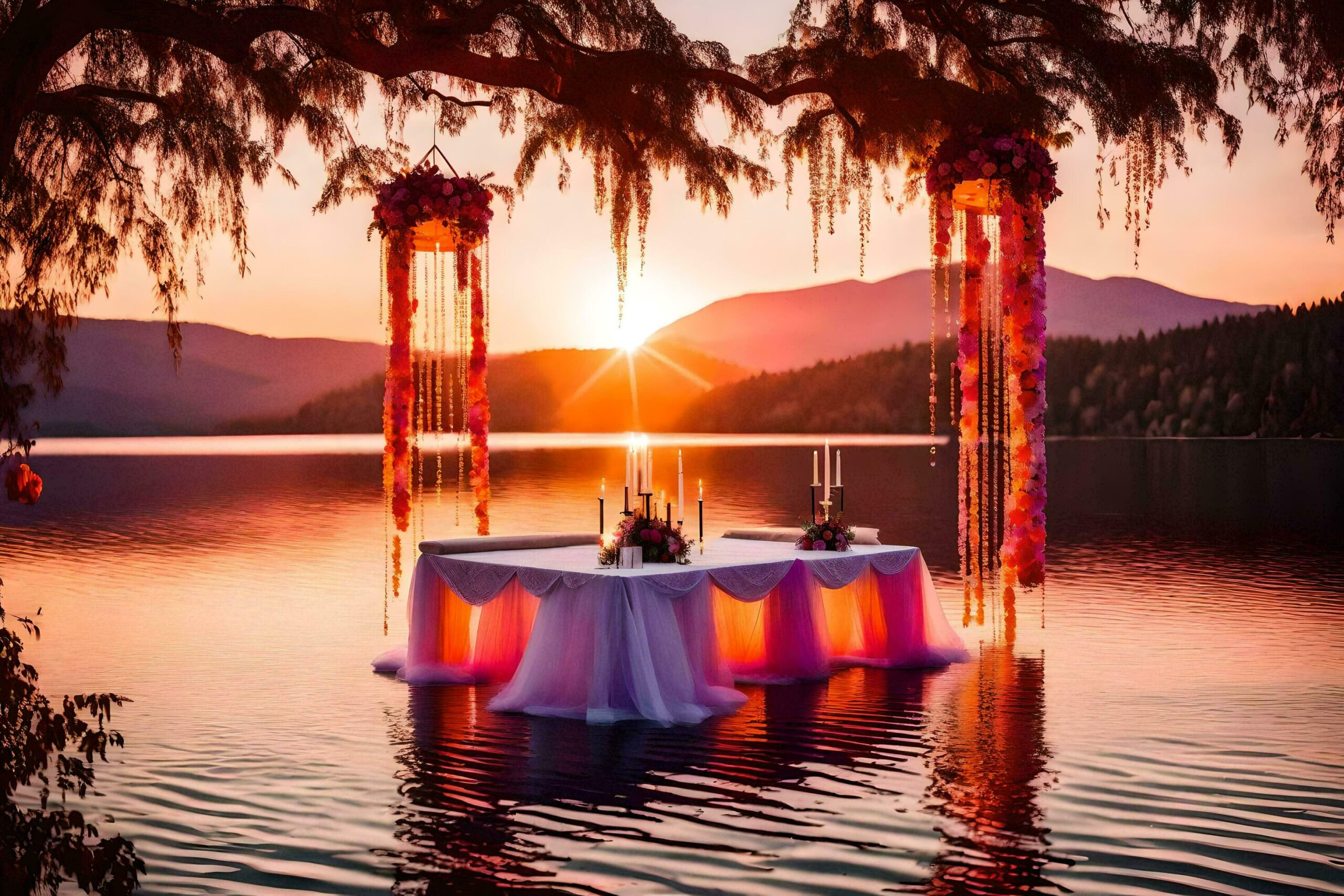 Ai-generated-an-outdoor-wedding-table-set-up-in-the-water-free-photo