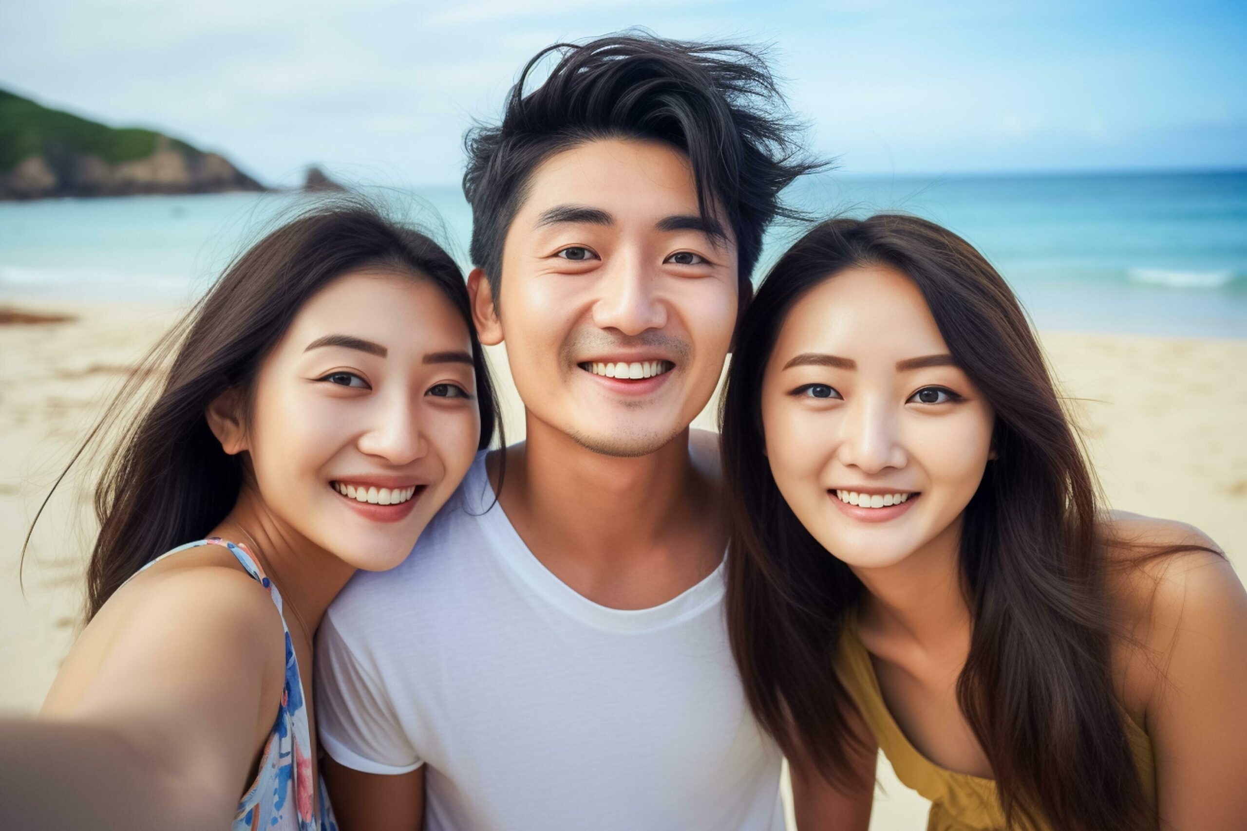 Ai-generated-asian-group-of-friends-smiling-posing-for-with-blue-sky-and-nature-background-ai-generated-free-photo