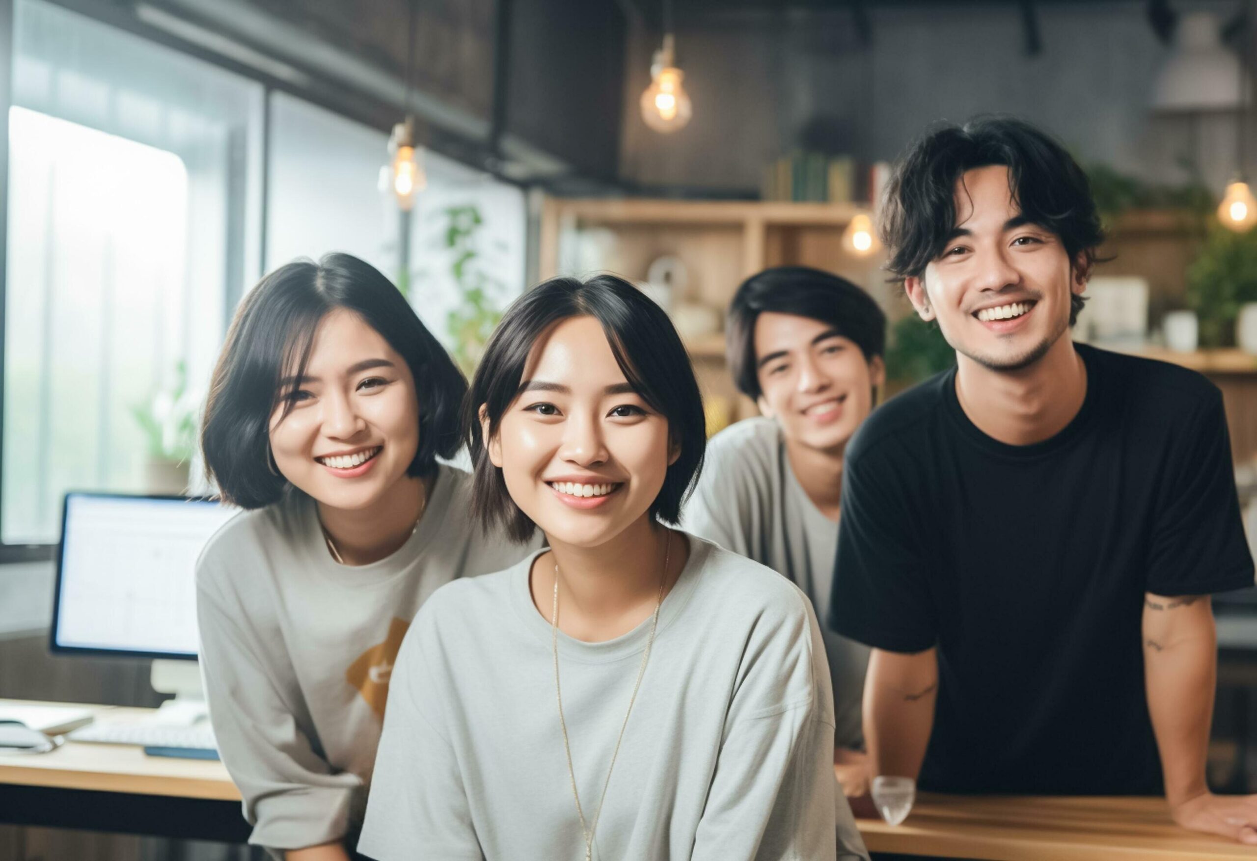 Ai-generated-asian-group-of-friends-smiling-posing-for-with-coffeeshop-background-ai-generated-free-photo