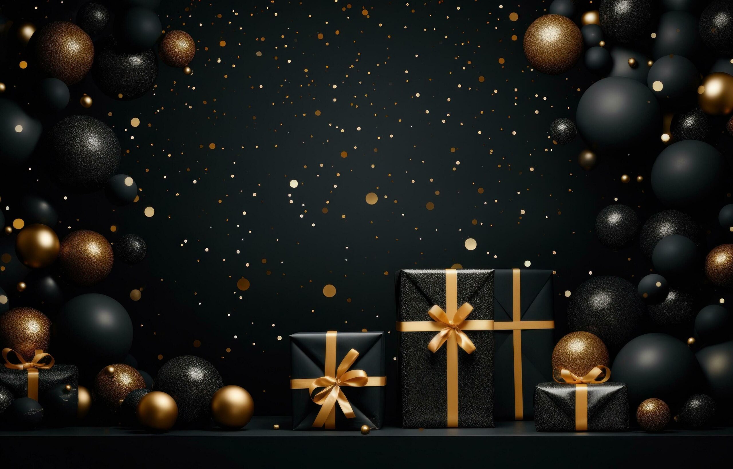 Ai-generated-beautiful-gift-box-is-surrounded-by-ball-ornaments-on-black-background-free-photo