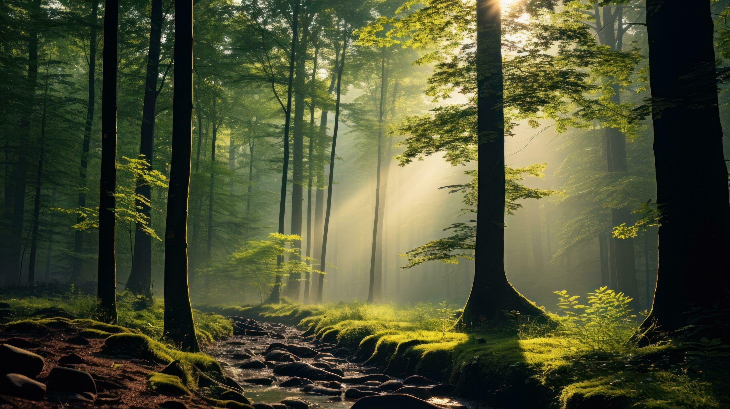 Ai-generated-beautiful-nature-at-morning-in-the-misty-spring-forest-with-sun-free-photo