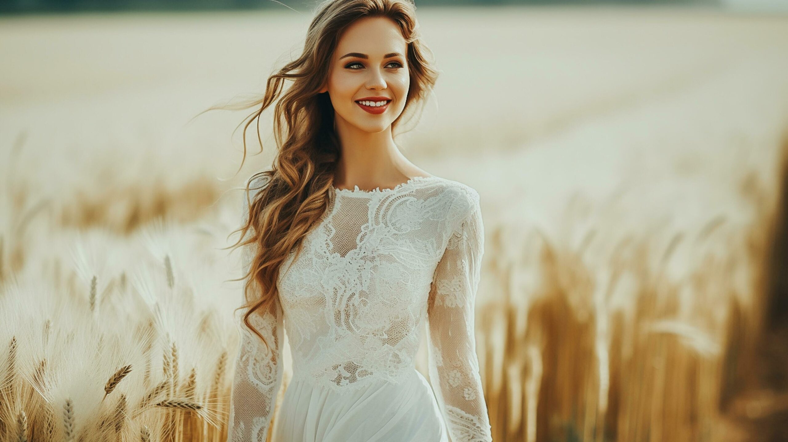 Ai-generated-beautiful-woman-with-blonde-hair-happy-and-smiling-in-a-white-dress-on-a-wheat-field-ai-generated-free-photo