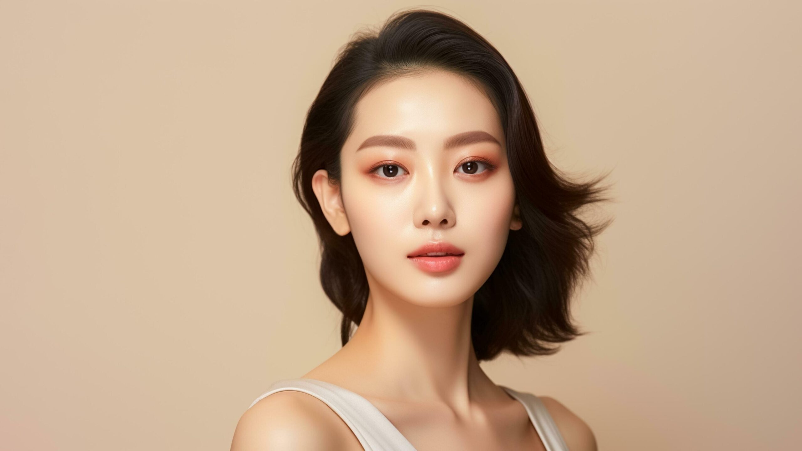 Ai-generated-beautiful-young-asian-model-wearing-dress-white-casual-fashion-style-with-perfect-fresh-clean-skin-youth-and-skin-care-concept-ai-generated-free-photo