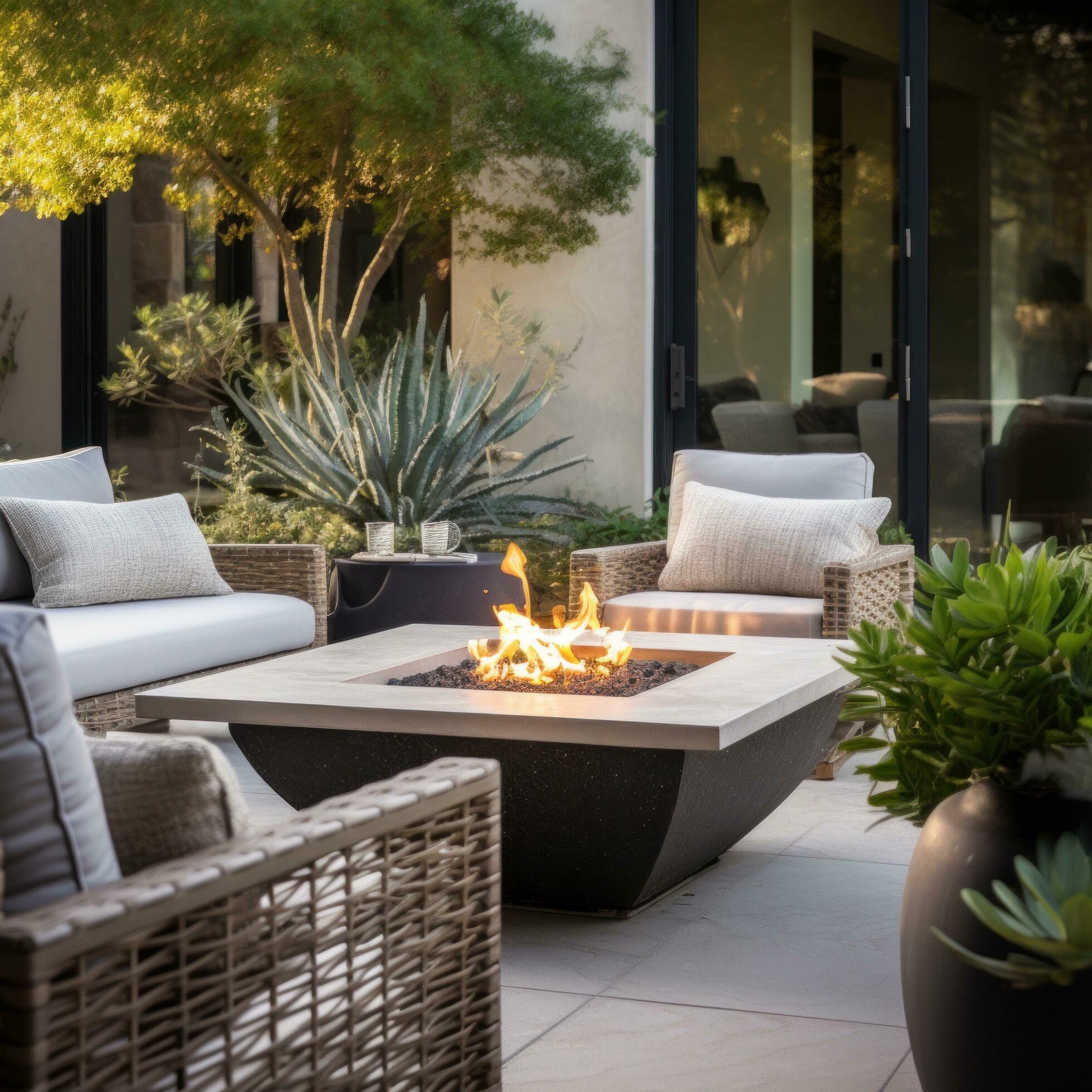 Ai-generated-beautifully-designed-outdoor-patio-area-with-modern-furniture-potted-plants-and-a-cozy-fire-pit-free-photo