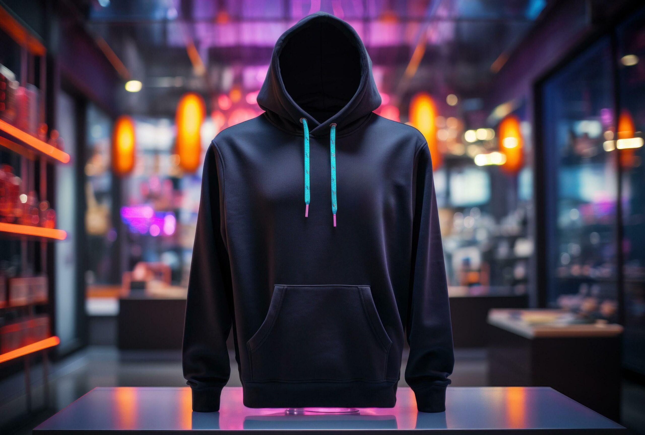 Ai-generated-black-hooded-sweatshirt-hanging-from-a-display-in-front-of-a-neon-free-photo
