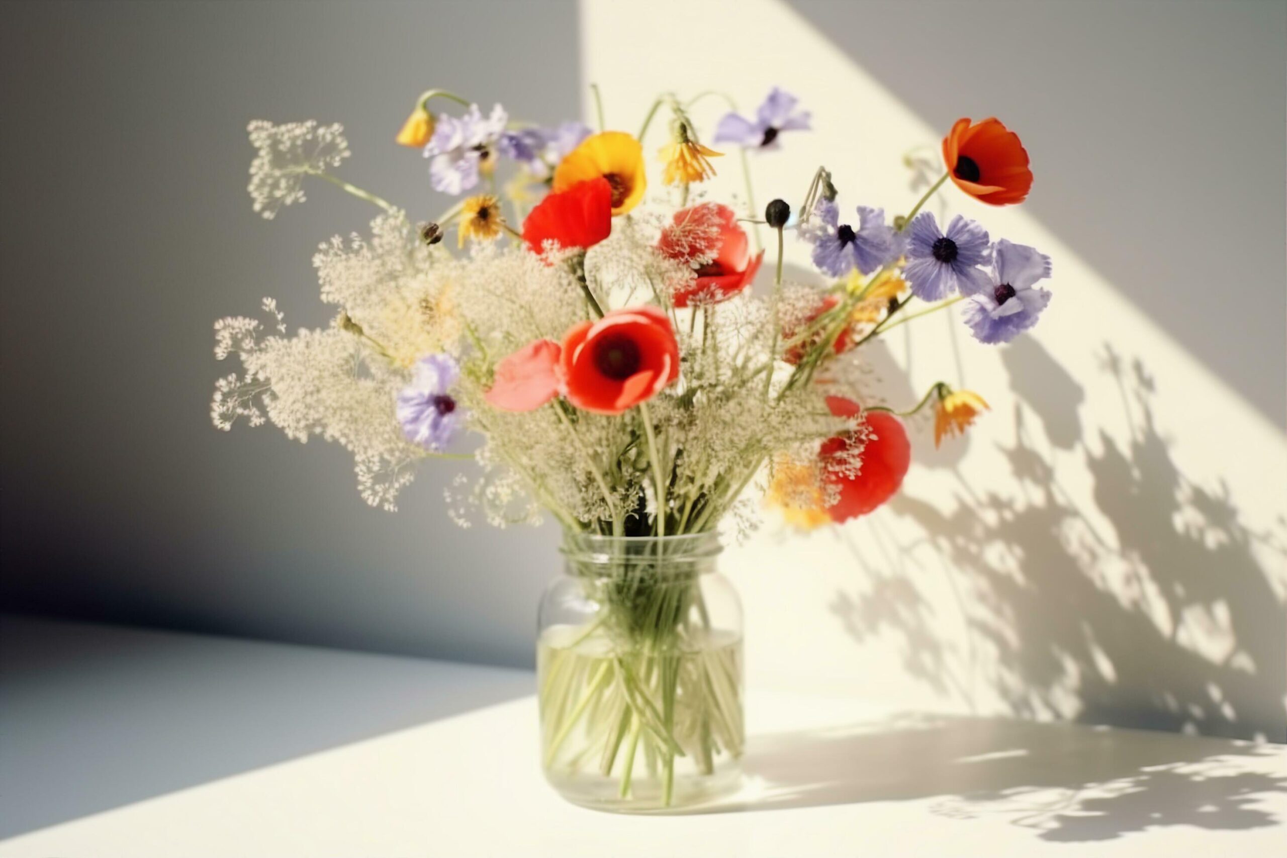 Ai-generated-bouquet-of-wildflowers-in-a-small-glass-vase-on-the-white-table-poppies-chamomiles-cornflowers-green-grass-summer-contrast-shadows-on-the-white-wall-country-style-free-photo