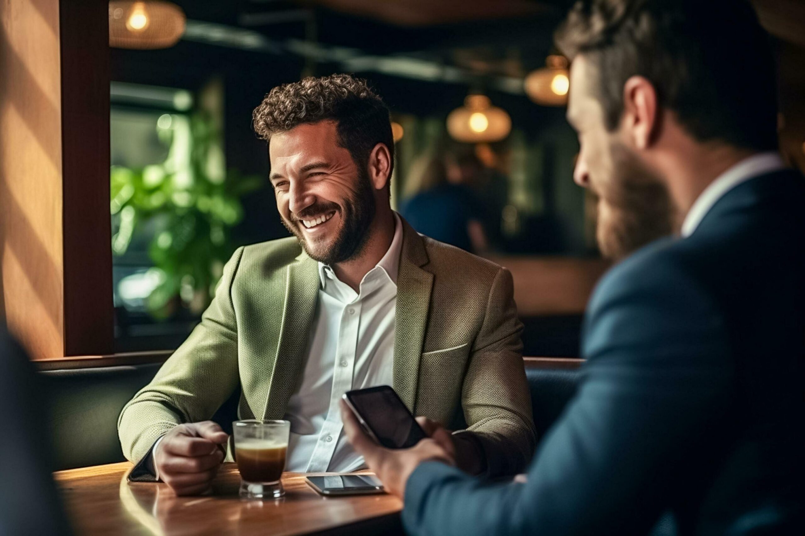 Ai-generated-businessman-and-colleagues-smiling-and-take-a-cofeee-teamwork-at-office-ai-generated-free-photo