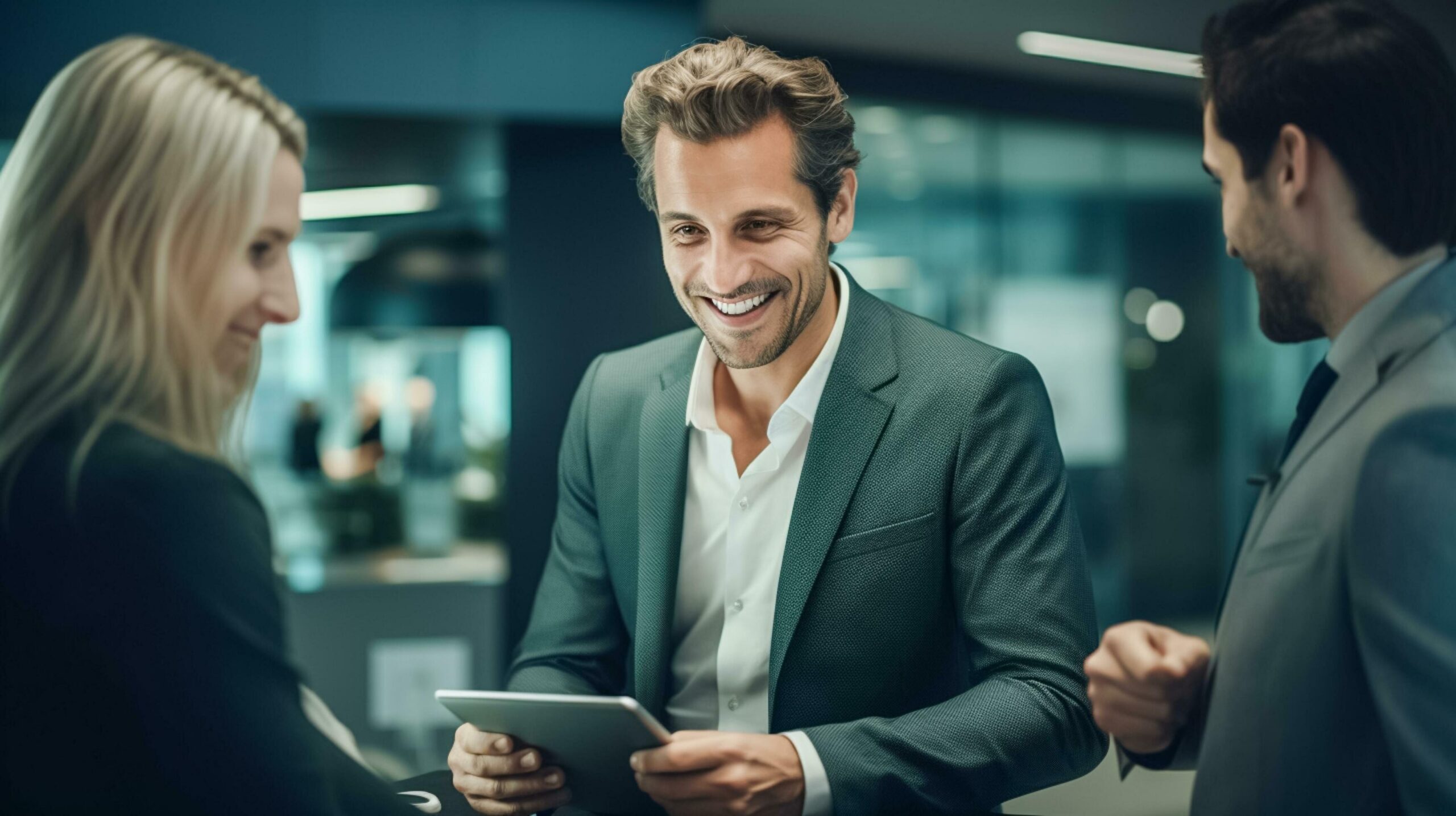 Ai-generated-businessman-wearing-suit-using-tablet-and-smiling-with-colleague-in-office-ai-generated-free-photo