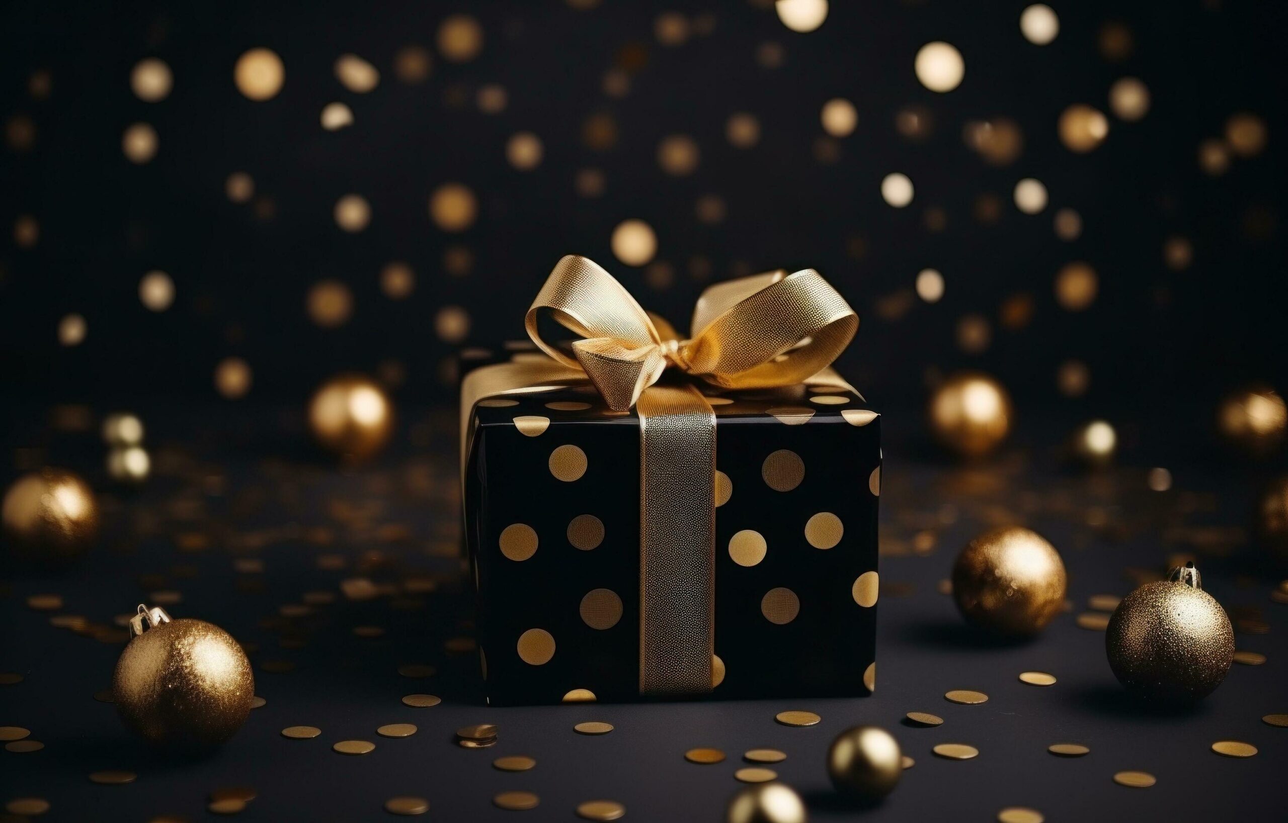 Ai-generated-christmas-gift-in-black-box-with-golden-balls-on-background-flat-black-confetti-free-photo