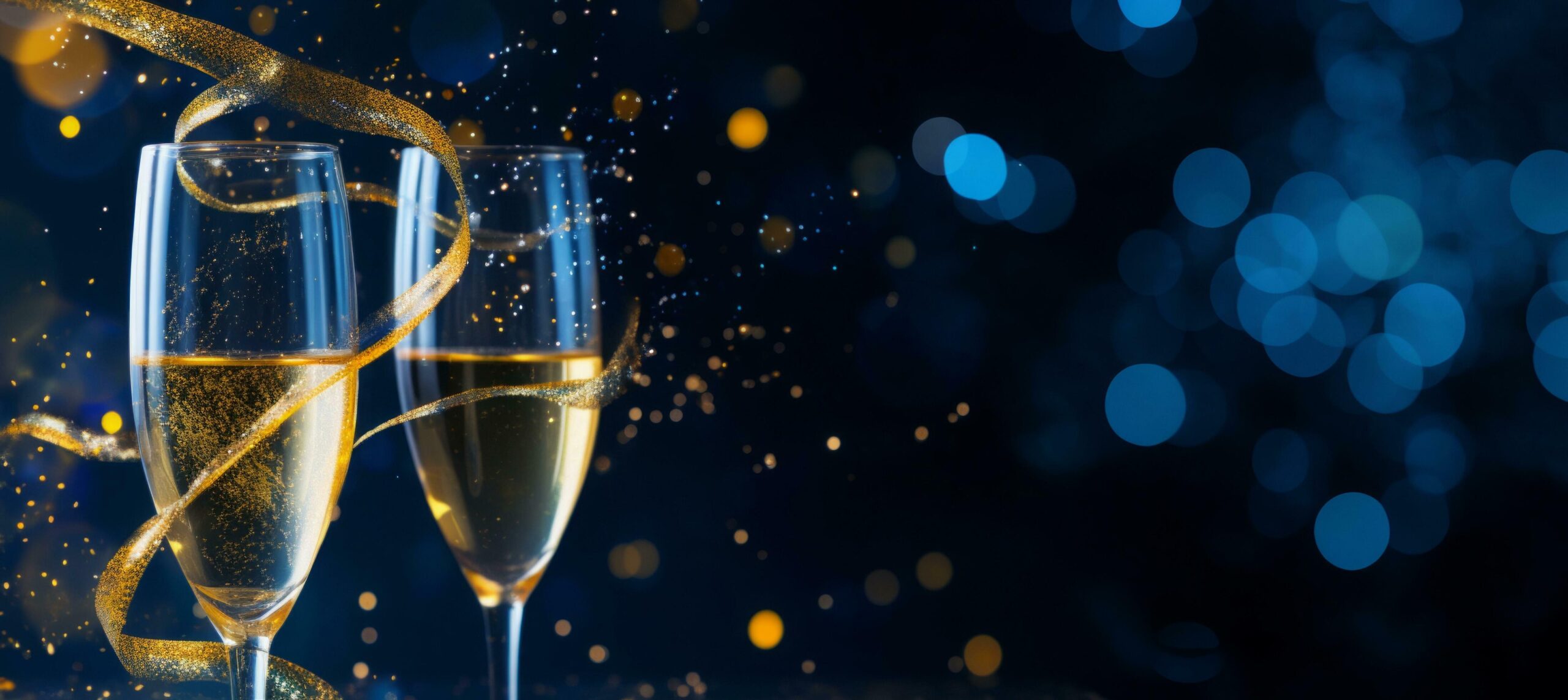 Ai-generated-close-up-of-two-glasses-with-bubbly-champagne-and-gold-ribbon-on-dark-bokeh-background-free-photo