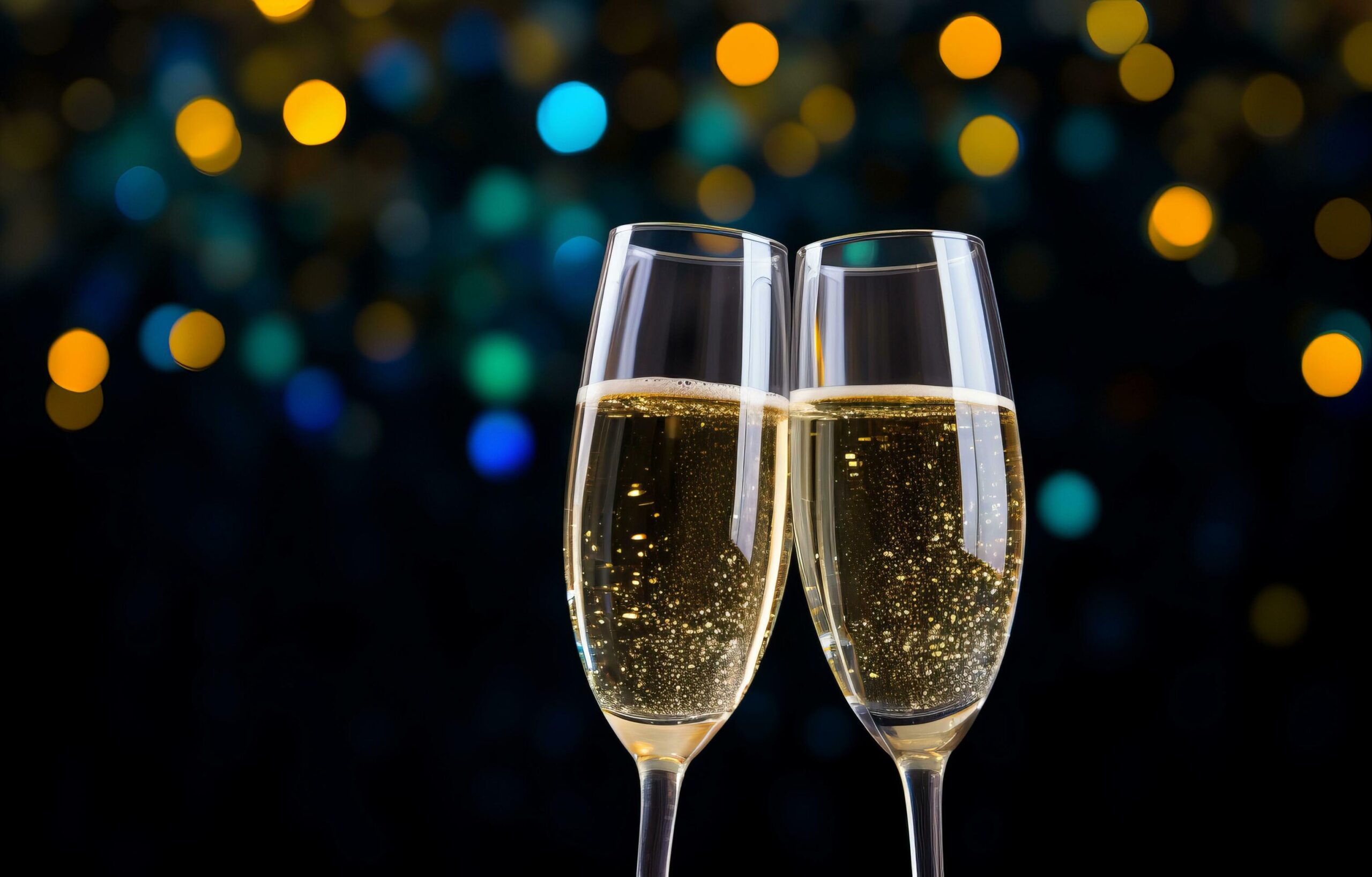 Ai-generated-close-up-of-two-glasses-with-bubbly-champagne-tilted-to-each-other-against-a-background-of-blurry-free-photo