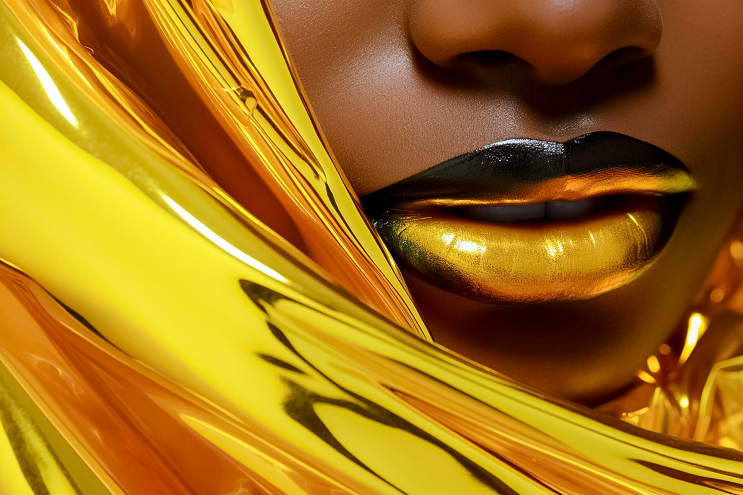 Ai-generated-close-up-portrait-beautiful-woman-with-abstract-yellow-wave-shapes-in-face-ai-generated-free-photo