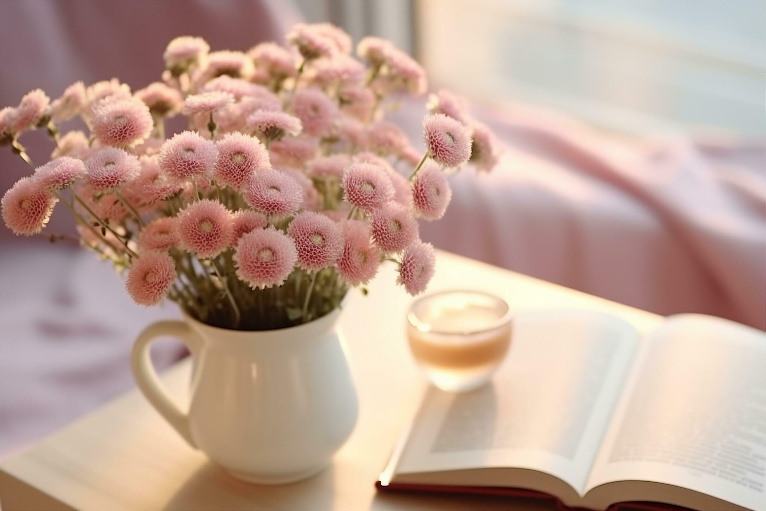Ai-generated-closeup-of-small-pink-flowers-bouquet-in-glass-vase-with-blurred-soft-focused-background-of-pink-cup-of-tea-or-coffee-and-opened-book-by-the-window-slow-living-concept-generative-ai-free-photo