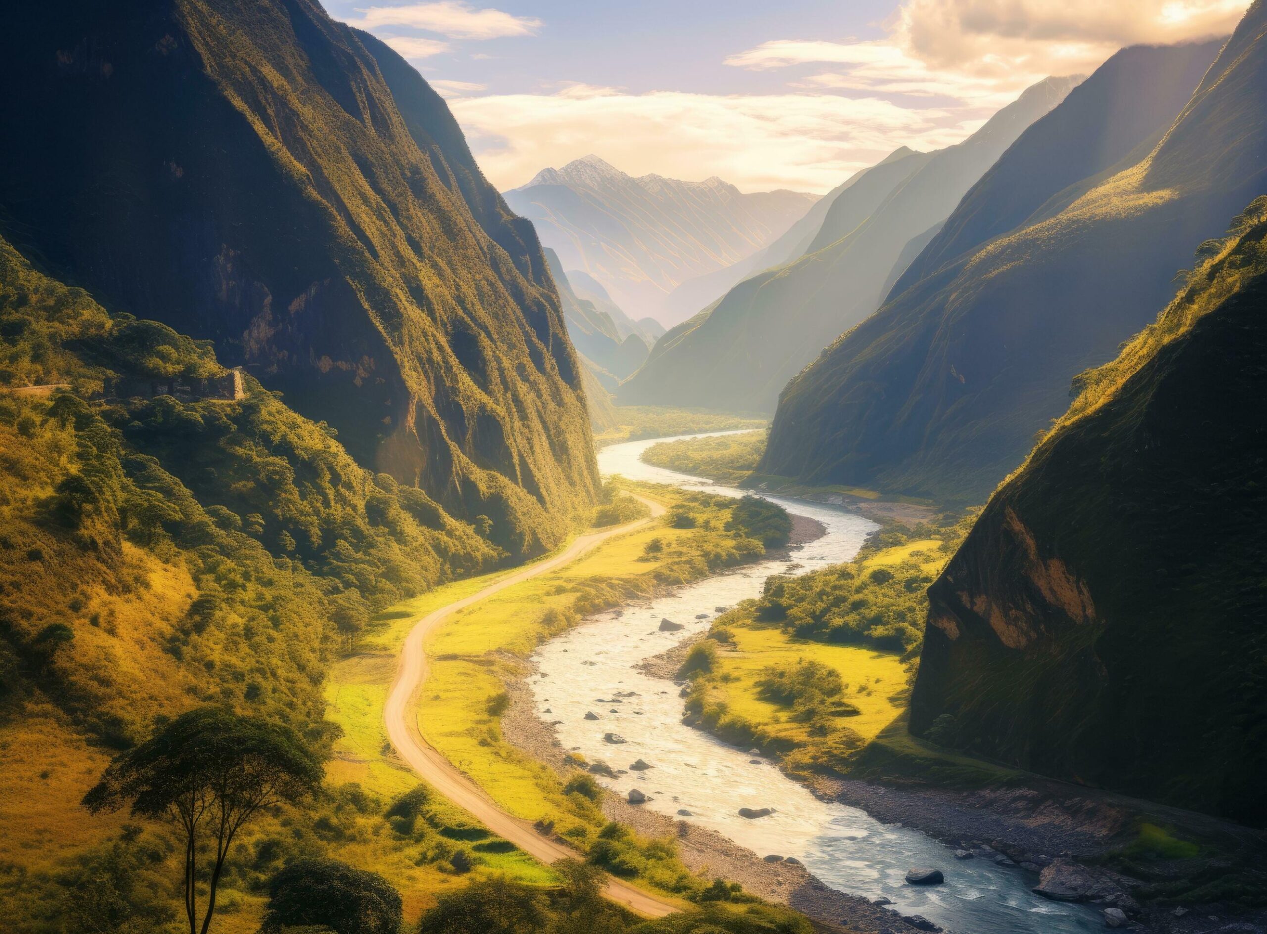 Ai-generated-colorful-landscape-with-himalayan-mountains-beautiful-curving-river-and-green-forest-free-photo