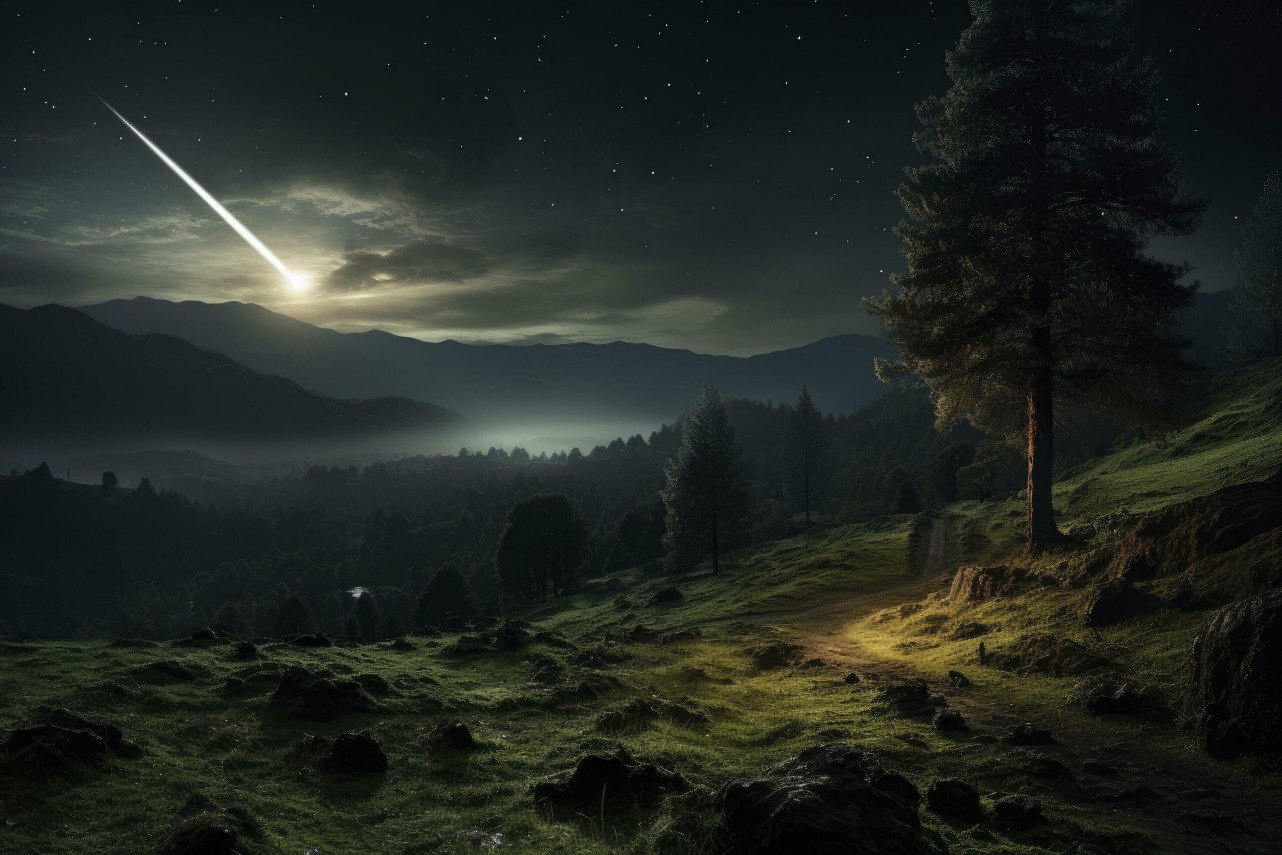 Ai-generated-comet-in-the-sky-over-mountains-generative-ai-free-photo