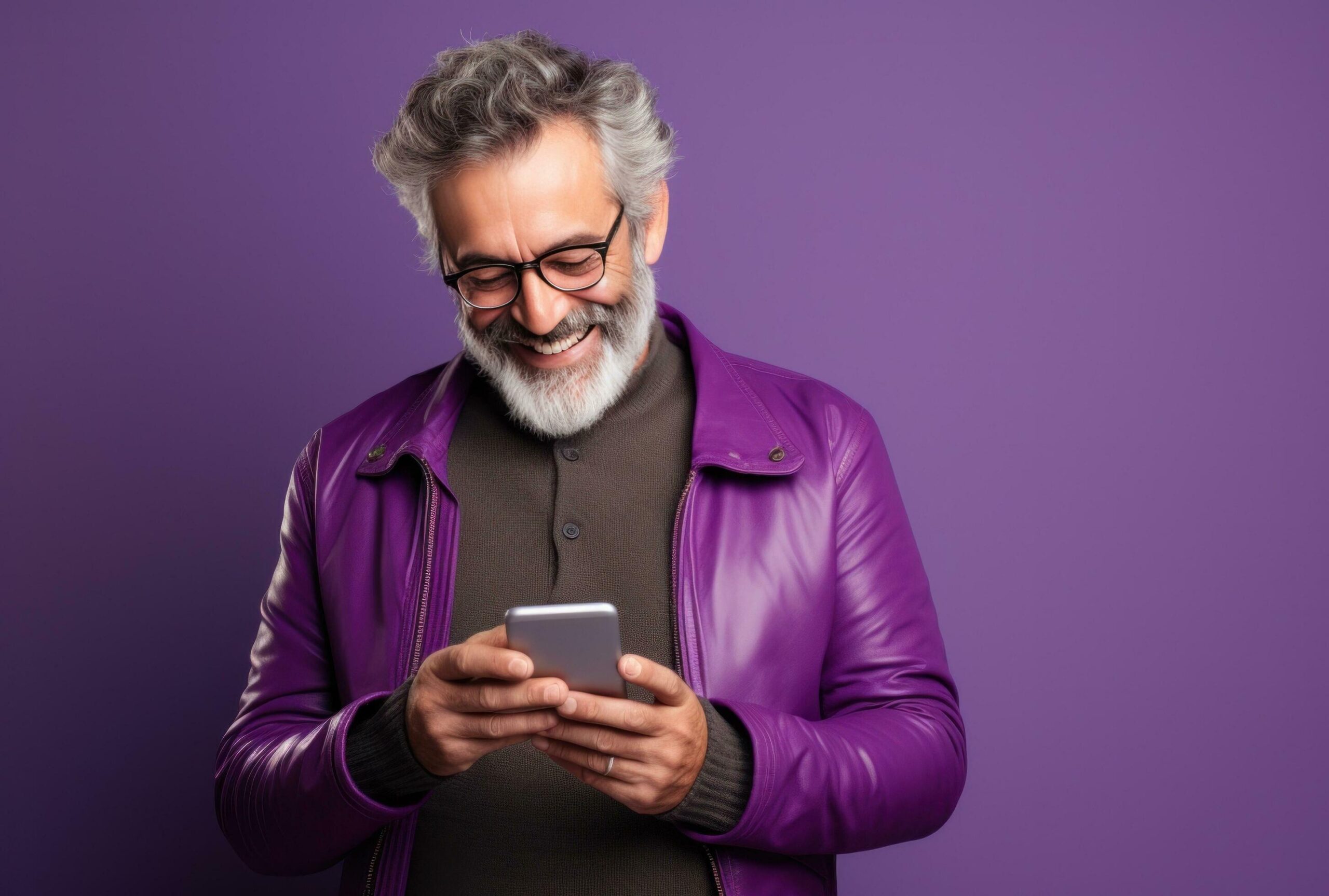 Ai-generated-elderly-man-using-cellphone-in-a-purple-sweater-against-a-purple-background-free-photo