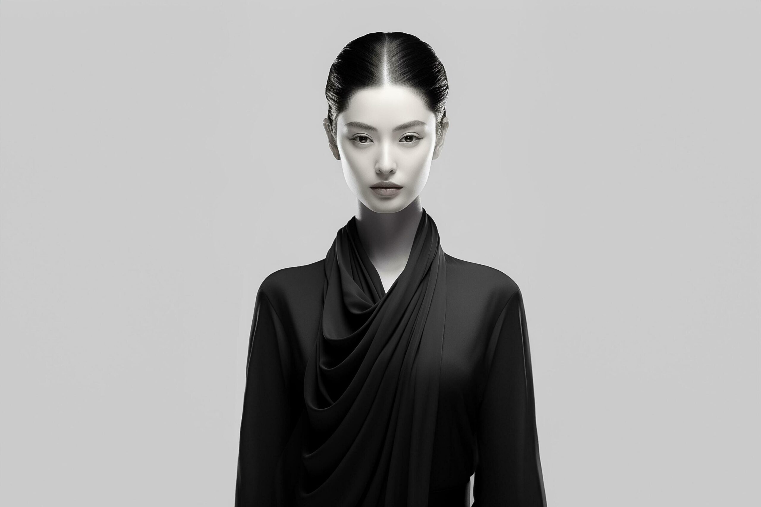Ai-generated-fashion-art-portrait-of-beautiful-chinese-woman-with-abstract-black-and-white-clothes-ai-generated-free-photo