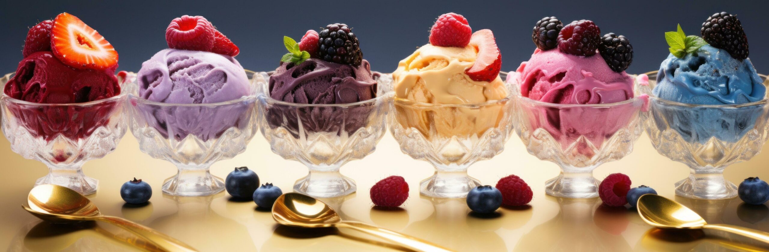 Ai-generated-five-spoon-selections-with-four-varieties-of-ice-cream-on-one-side-and-berries-free-photo