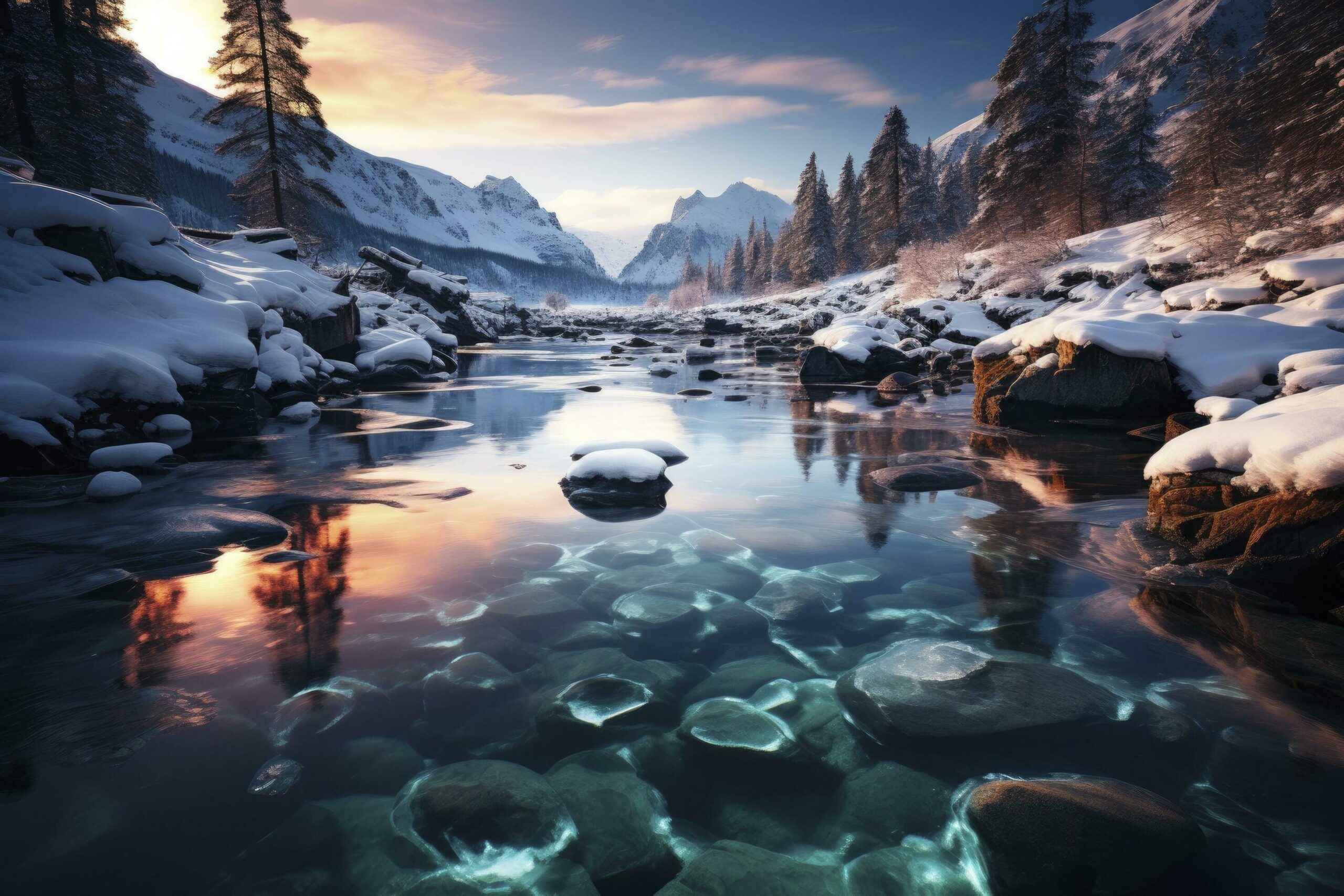 Ai-generated-frozen-lake-landscape-between-mountains-generative-ai-free-photo