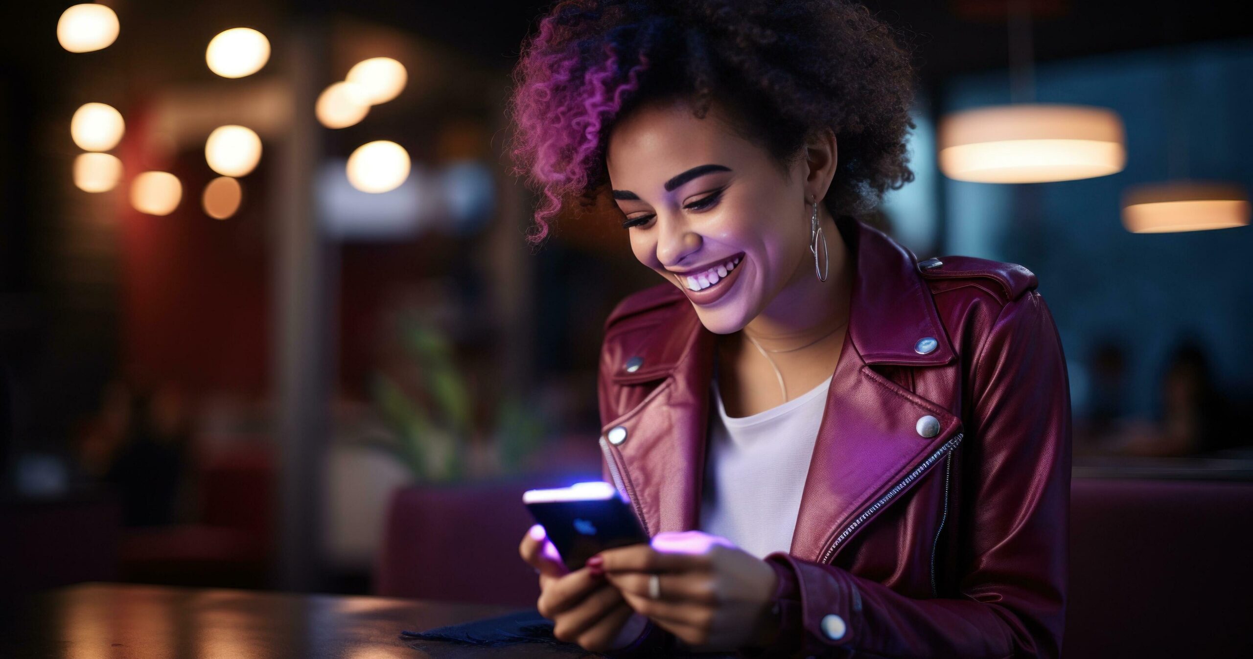 Ai-generated-funny-female-smiling-at-her-phone-free-photo
