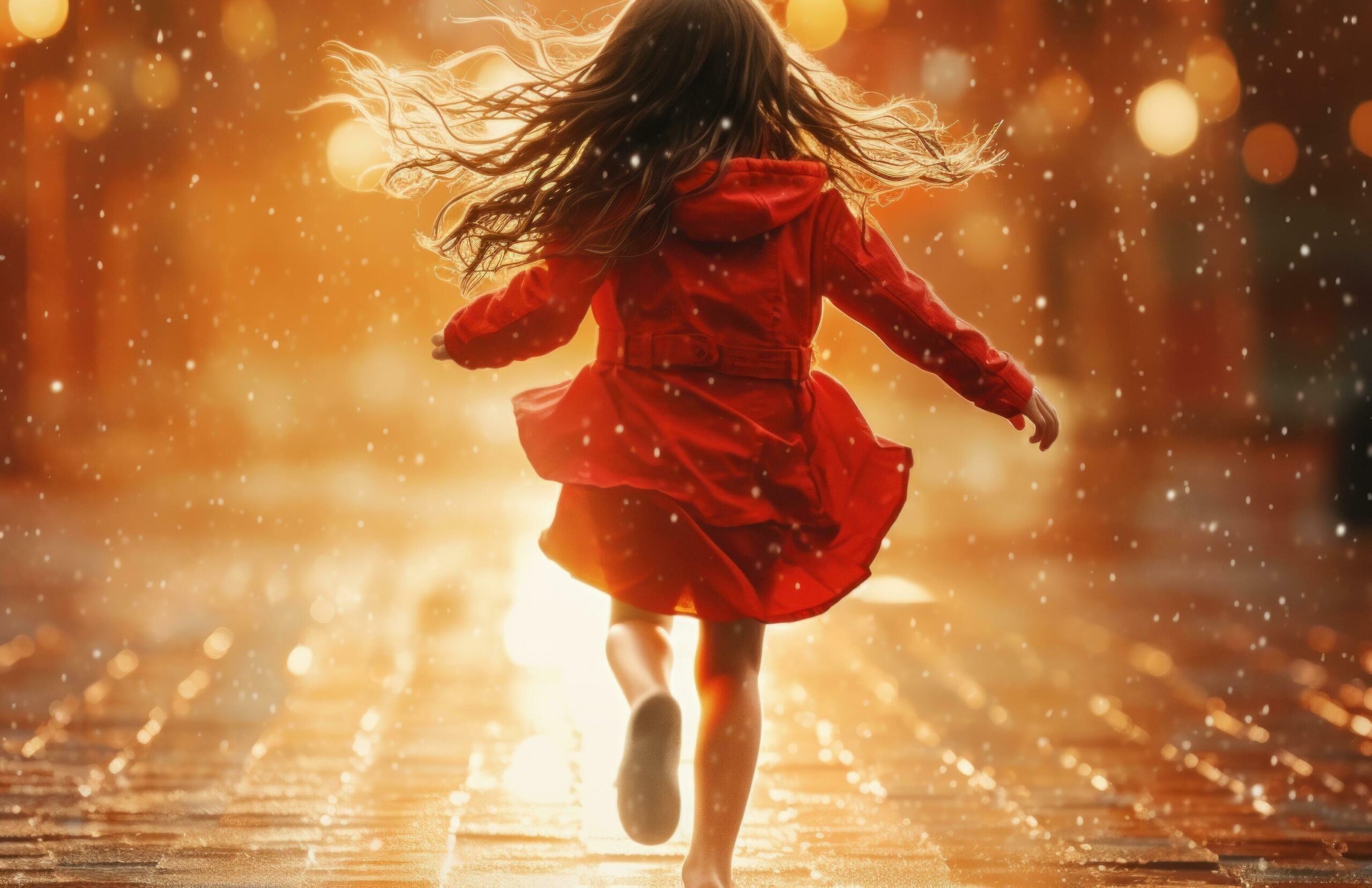 Ai-generated-girl-in-red-running-amidst-the-rain-free-photo