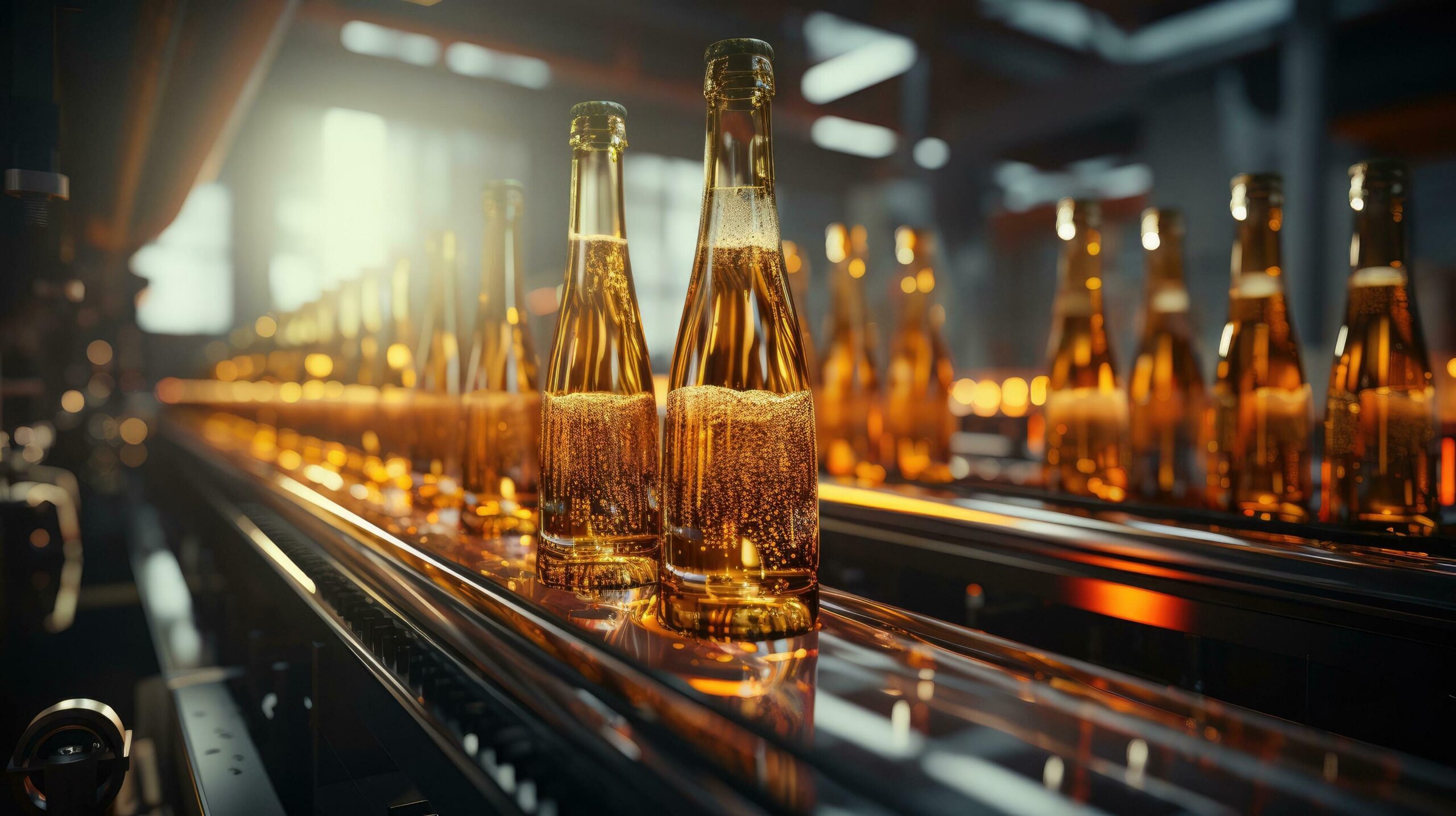 Ai-generated-glass-beer-bottles-on-a-bottling-conveyor-line-in-a-beverage-brewery-free-photo