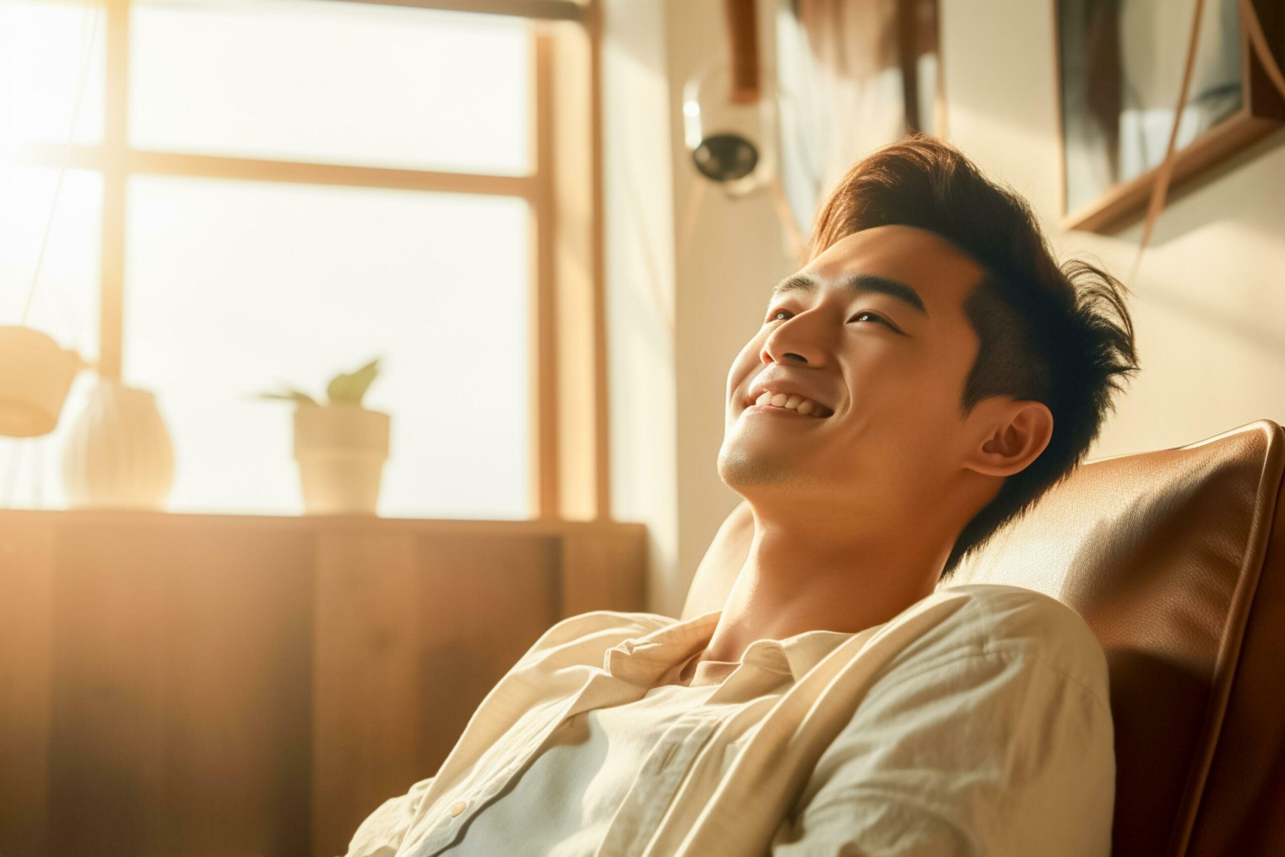 Ai-generated-handsome-young-asian-man-relaxing-on-sofa-in-living-room-ai-generated-free-photo