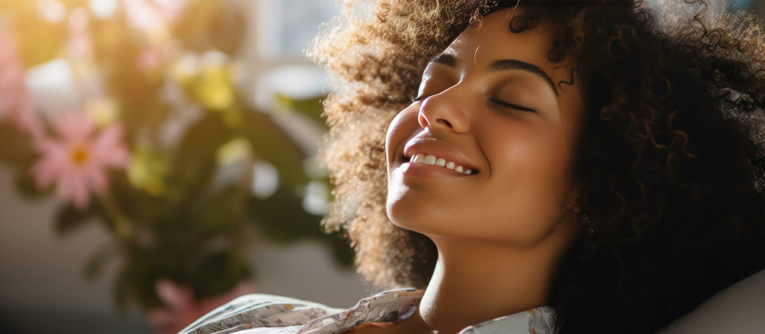 Ai-generated-happy-afro-woman-sleeping-with-her-arms-up-smiling-in-the-bedroom-free-photo