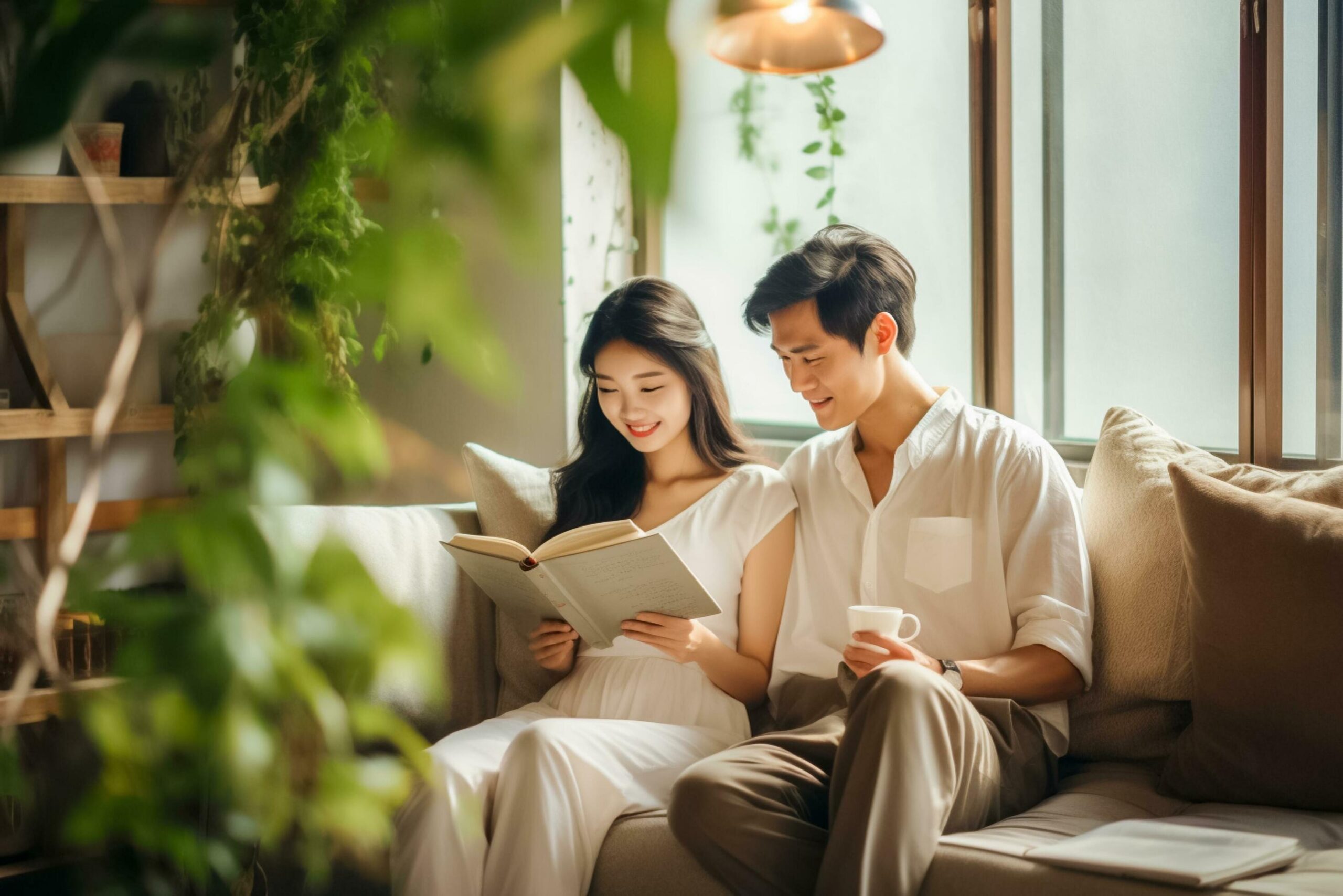 Ai-generated-happy-beautiful-young-asian-woman-relaxing-on-sofa-reading-book-in-living-room-ai-generated-free-photo