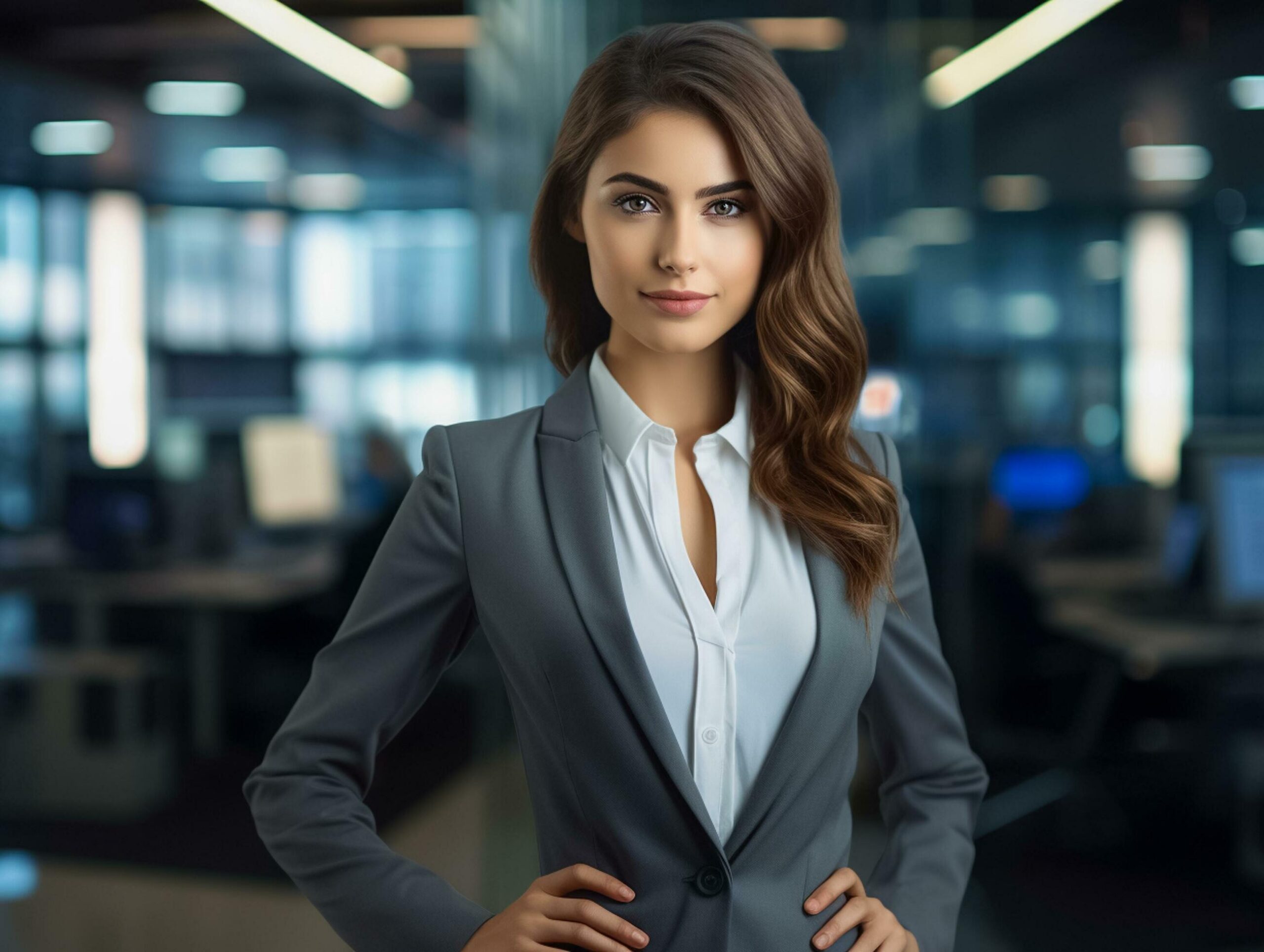 Ai-generated-happy-businesswoman-standing-in-office-with-suit-smiling-professional-executive-manager-ai-generated-free-photo
