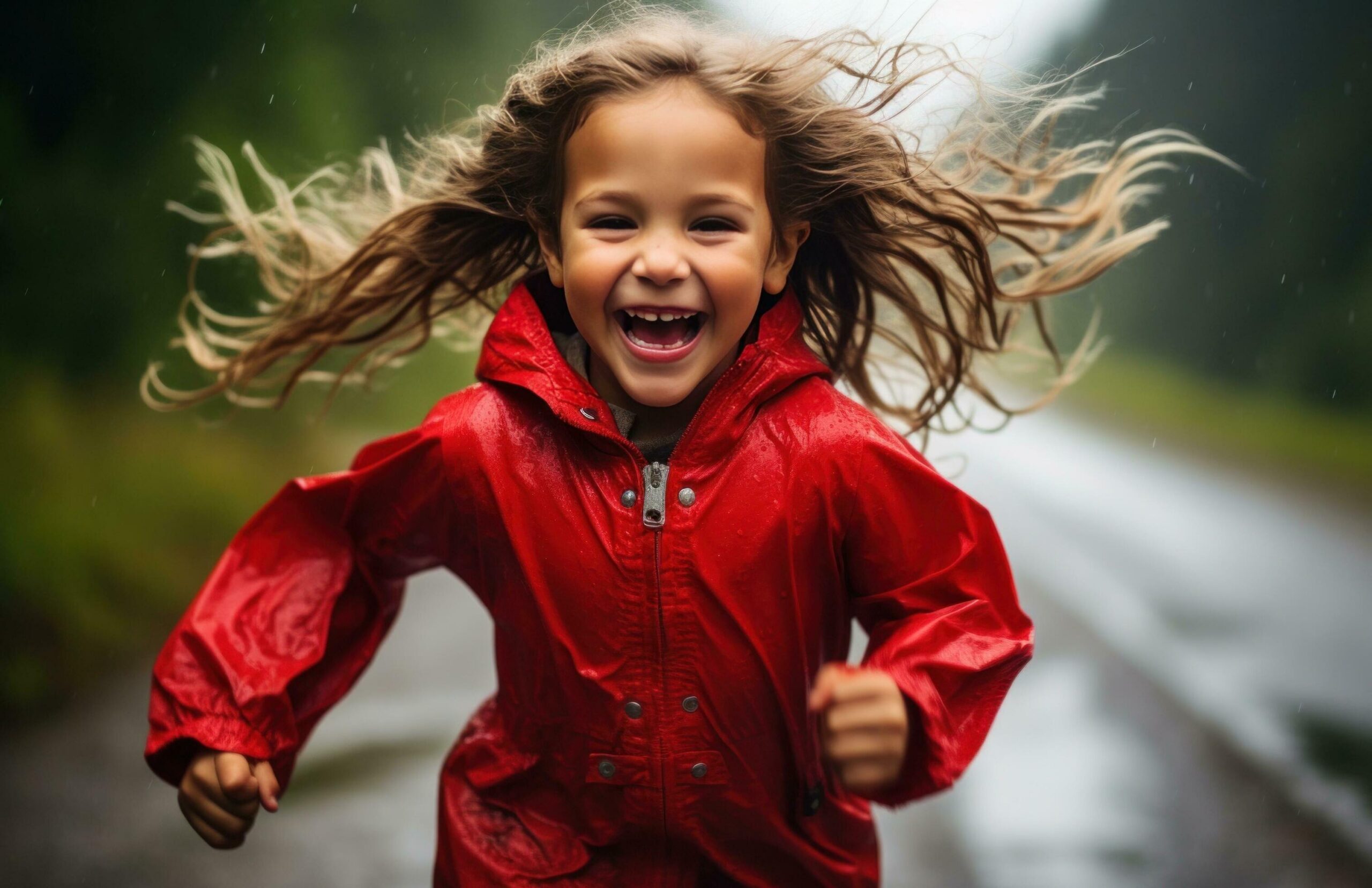 Ai-generated-happy-little-girl-in-red-running-through-the-rain-happy-free-photo