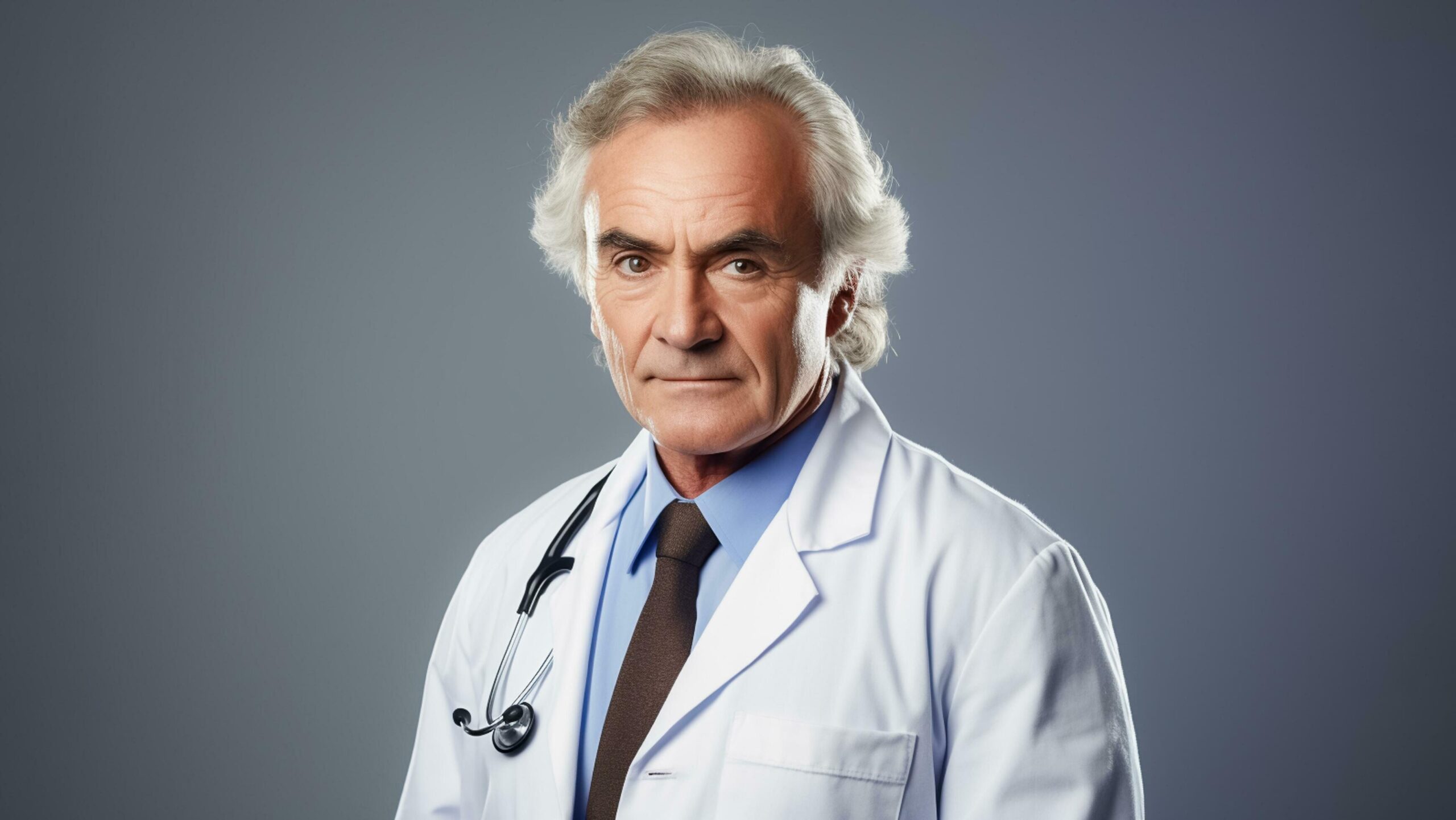 Ai-generated-healthcare-concept-portrait-of-senior-male-doctor-smiling-posing-on-grey-background-ai-generated-free-photo