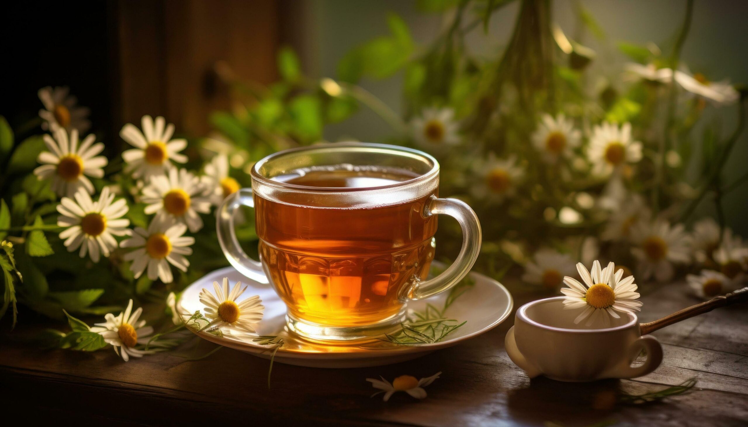 Ai-generated-hot-tea-on-a-table-beside-chamomile-flowers-and-leaves-free-photo