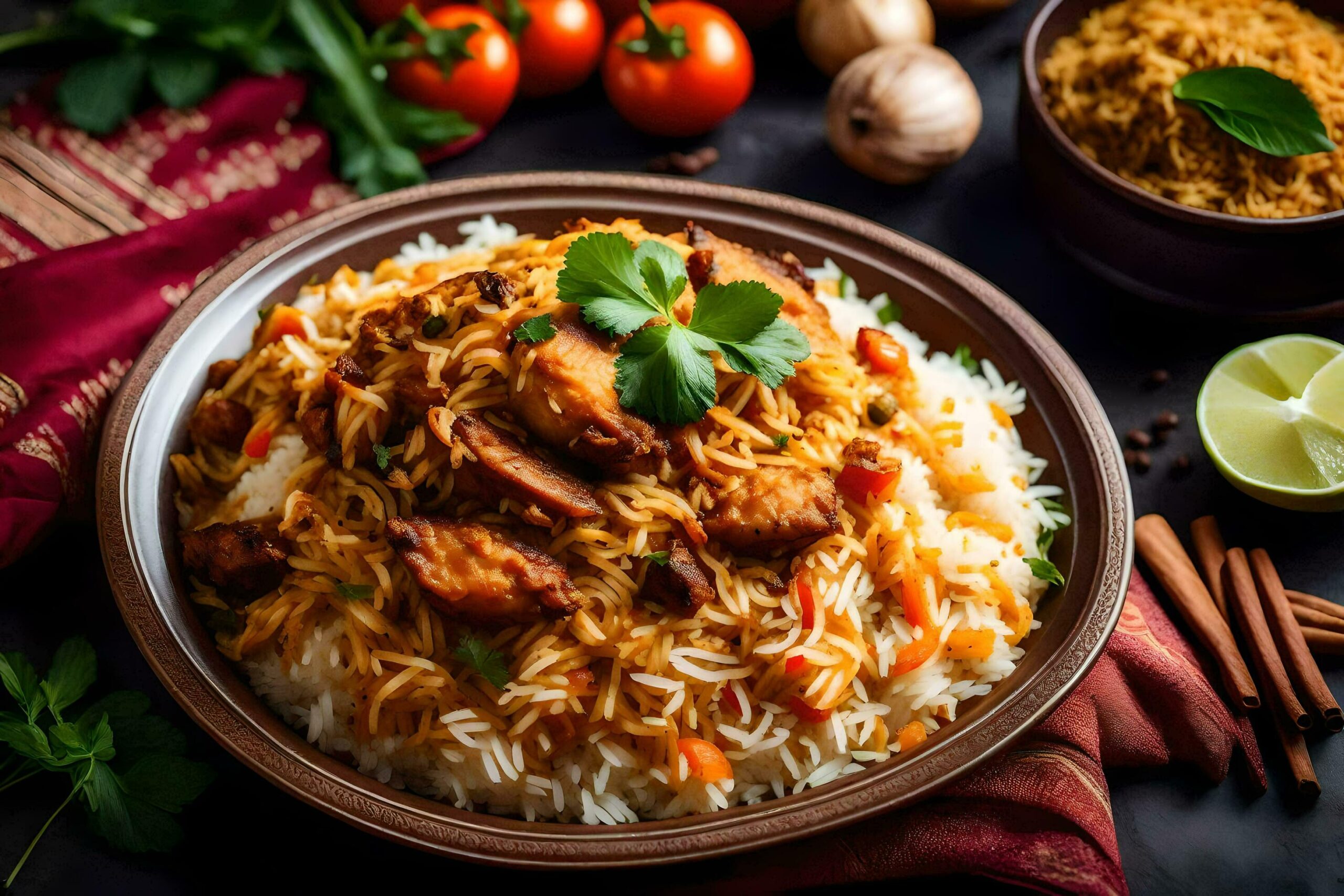 Ai-generated-indian-chicken-biryani-with-rice-and-vegetables-free-photo