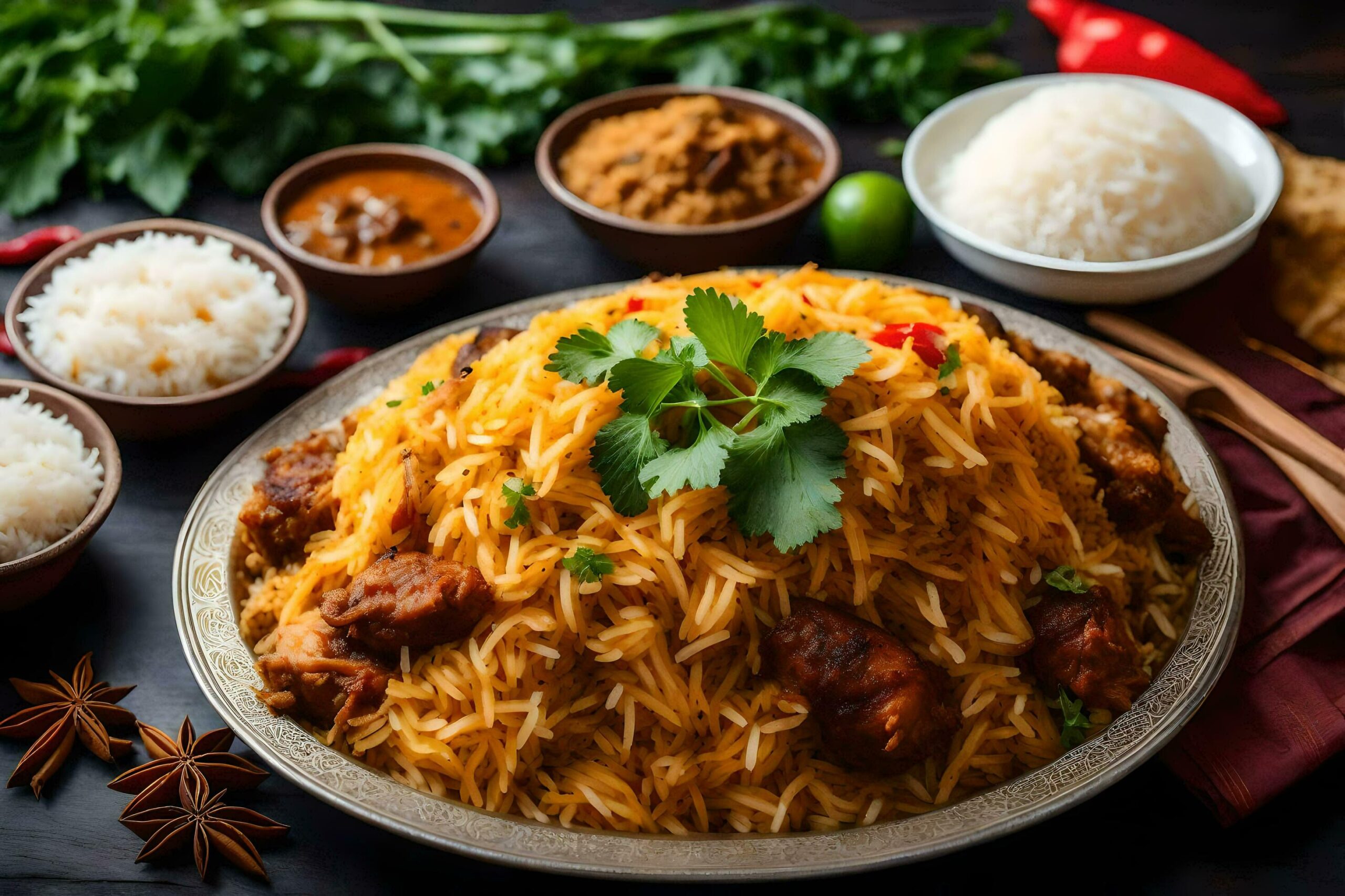 Ai-generated-indian-food-with-rice-and-meat-free-photo