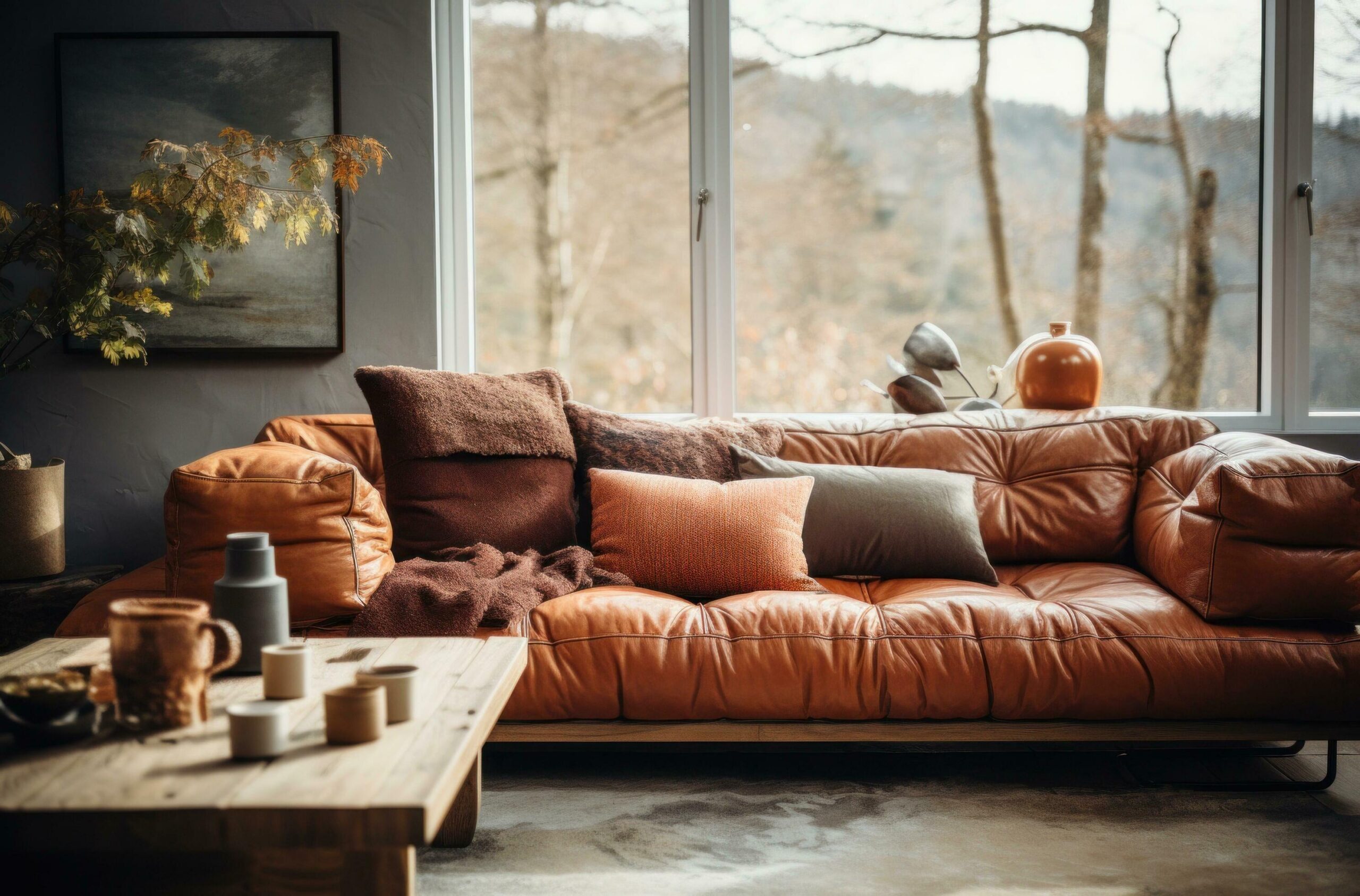 Ai-generated-leather-couch-with-throw-pillows-and-a-plant-on-top-free-photo